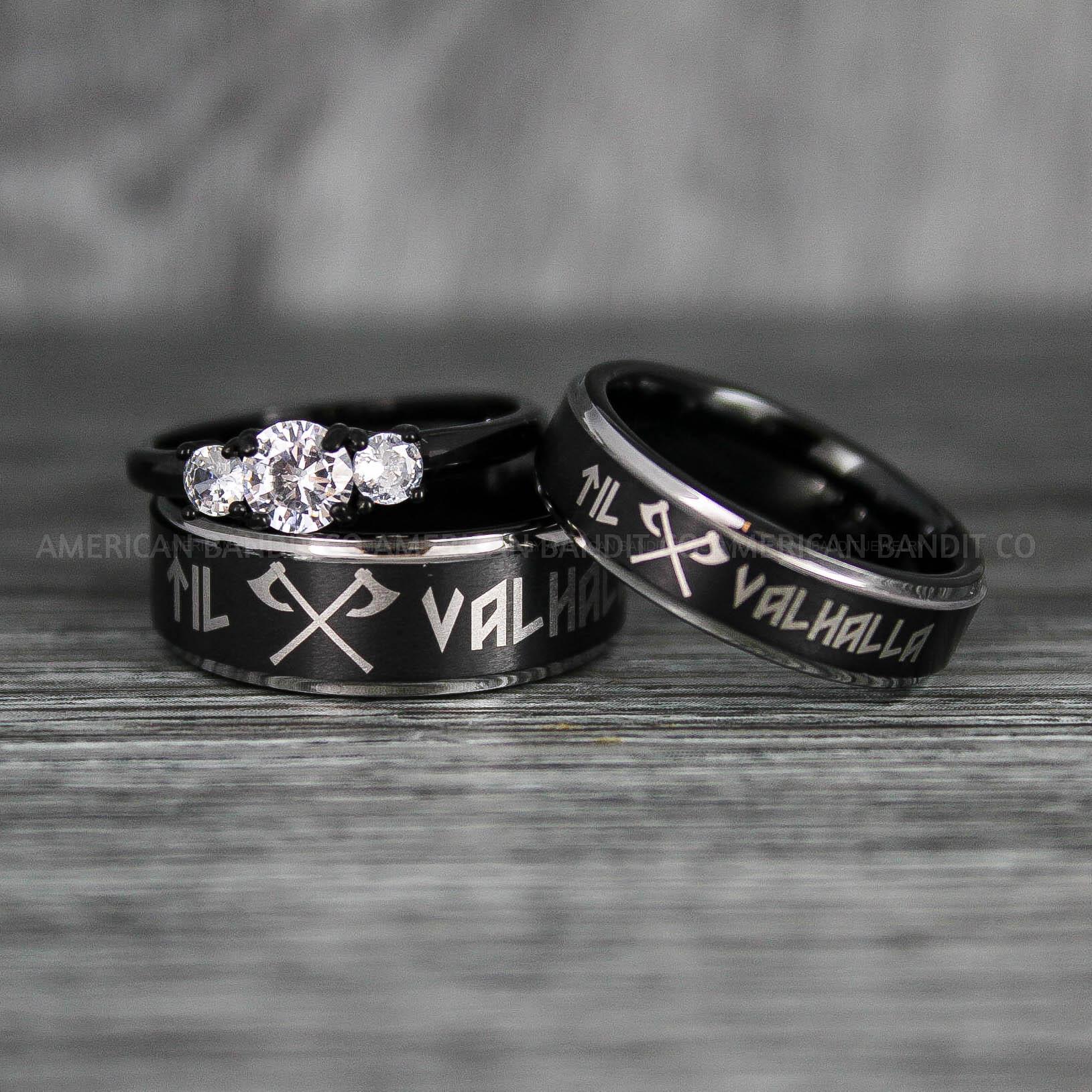 IMG_6363 Til Valhalla Rings, Viking Rings, Runes Rings, Vegvísir Ring, Nordic Rings, Norsemen Rings, Nordic Runes Rings, Black Tungsten Bands - Image 1