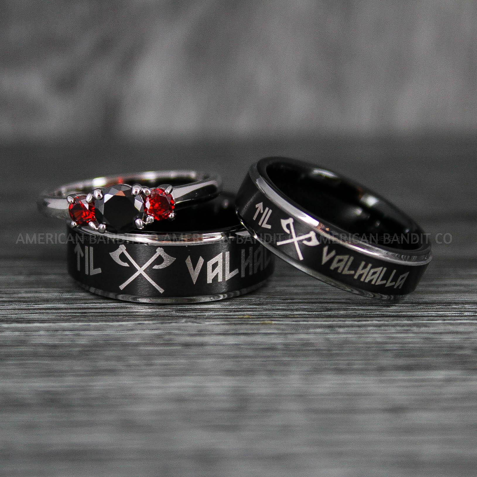 IMG_6364 Til Valhalla Rings, Viking Rings, Runes Rings, Vegvísir Ring, Nordic Rings, Norsemen Rings, Nordic Runes Rings, Black Tungsten Bands - Image 1
