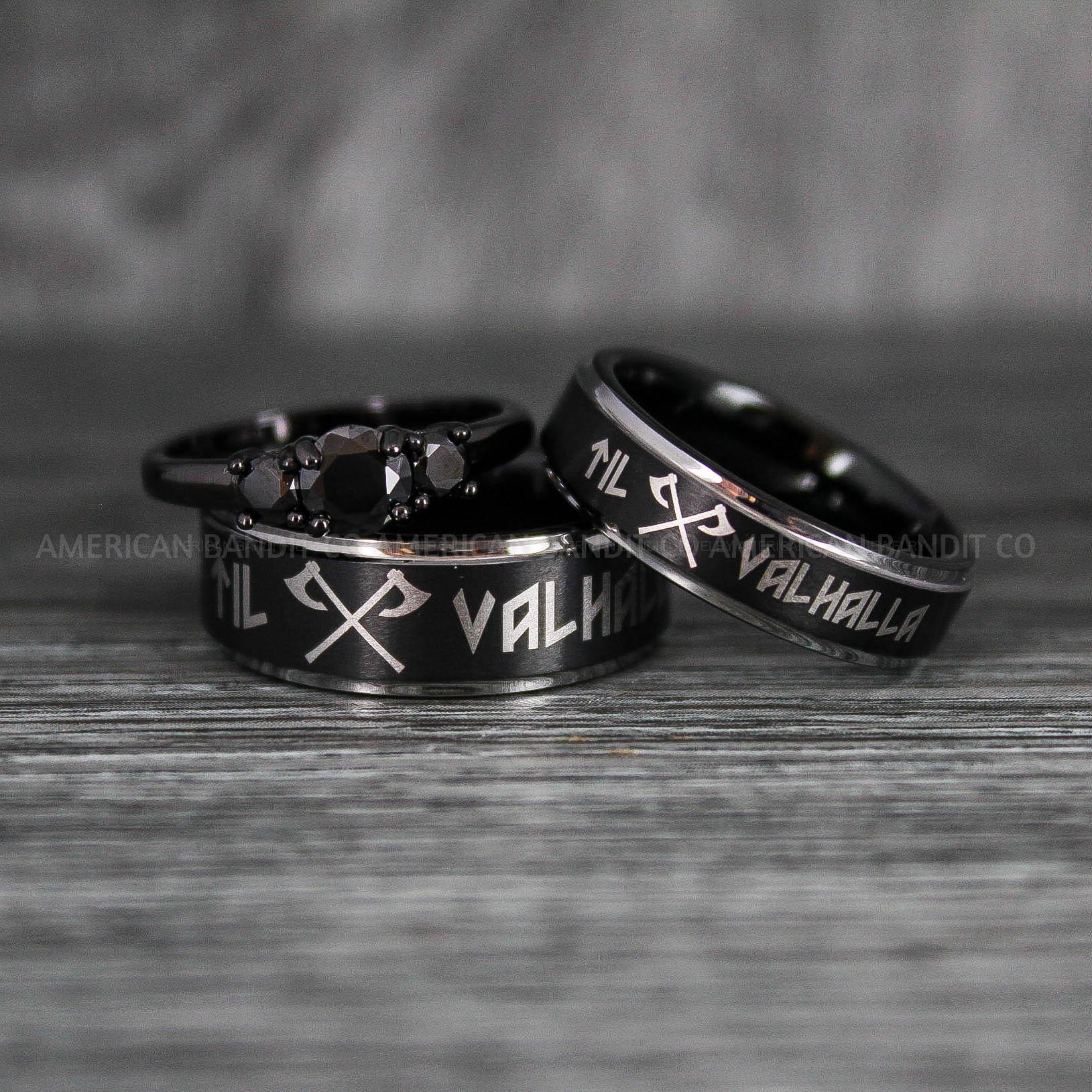 IMG_6366 Til Valhalla Rings, Viking Rings, Runes Rings, Vegvísir Ring, Nordic Rings, Norsemen Rings, Nordic Runes Rings, Black Tungsten Bands - Image 1