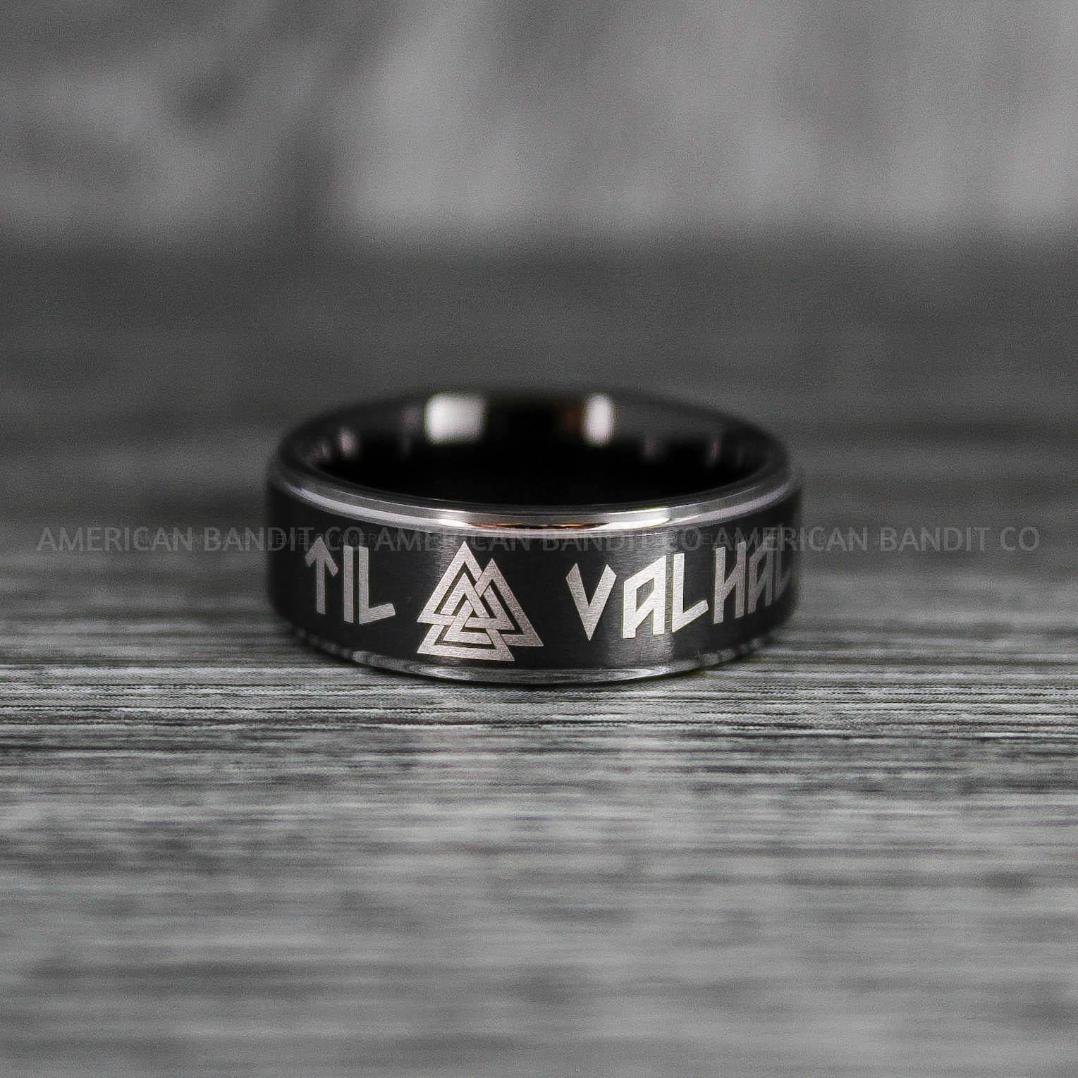 IMG_6367 Til Valhalla Rings, Viking Rings, Runes Rings, Vegvísir Ring, Nordic Rings, Norsemen Rings, Nordic Runes Rings, Black Tungsten Bands - Image 1