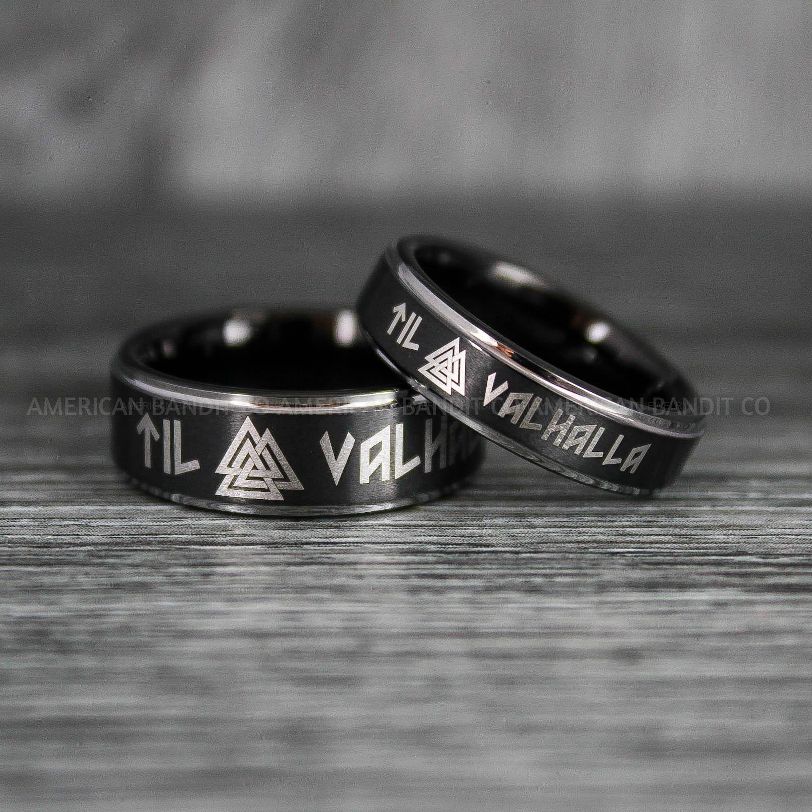 IMG_6368 Til Valhalla Rings, Viking Rings, Runes Rings, Vegvísir Ring, Nordic Rings, Norsemen Rings, Nordic Runes Rings, Black Tungsten Bands - Image 1