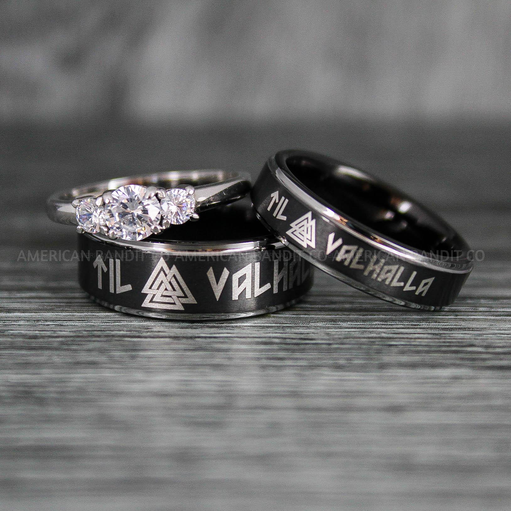 IMG_6371 Til Valhalla Rings, Viking Rings, Runes Rings, Vegvísir Ring, Nordic Rings, Norsemen Rings, Nordic Runes Rings, Black Tungsten Bands - Image 1