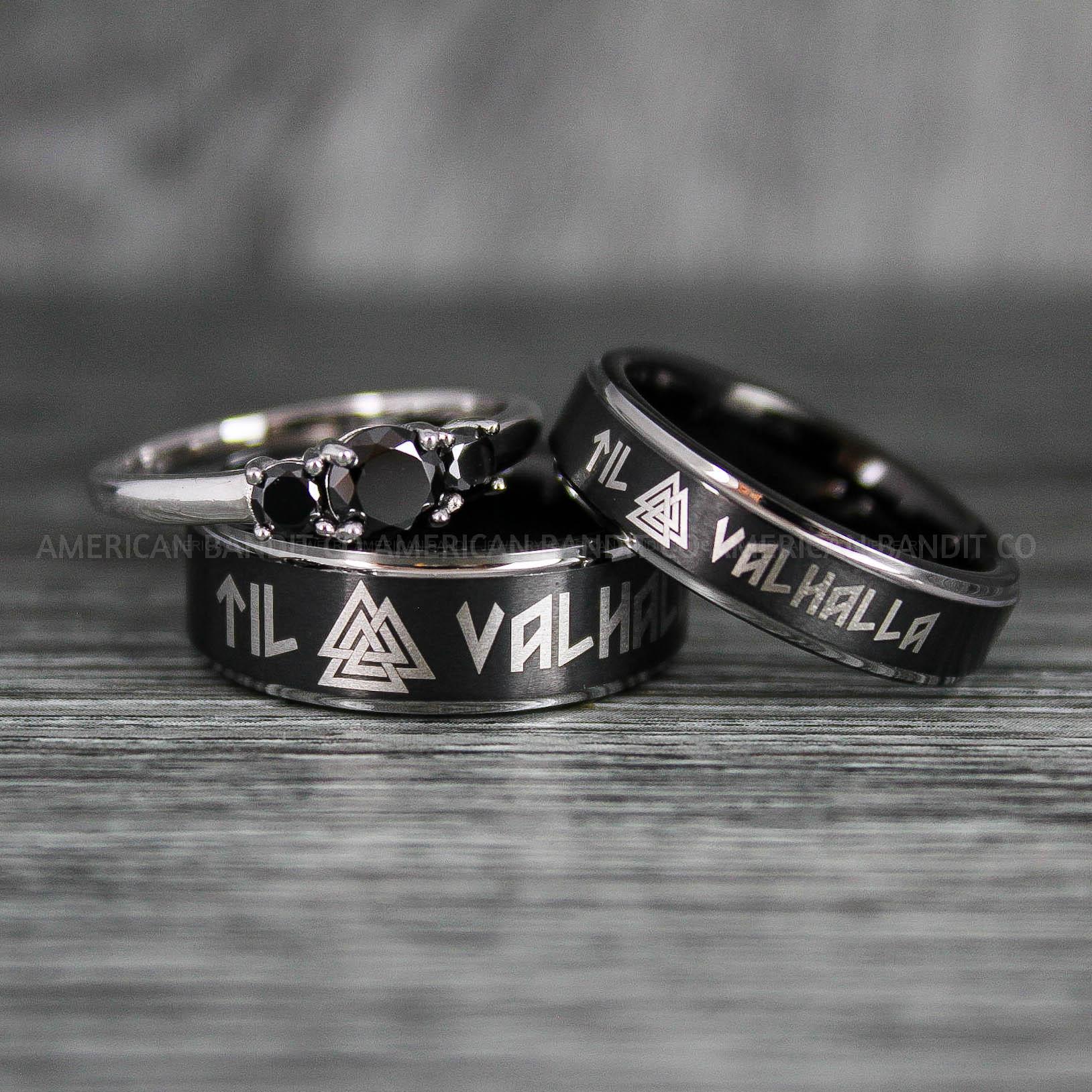 IMG_6373 Til Valhalla Rings, Viking Rings, Runes Rings, Vegvísir Ring, Nordic Rings, Norsemen Rings, Nordic Runes Rings, Black Tungsten Bands - Image 1