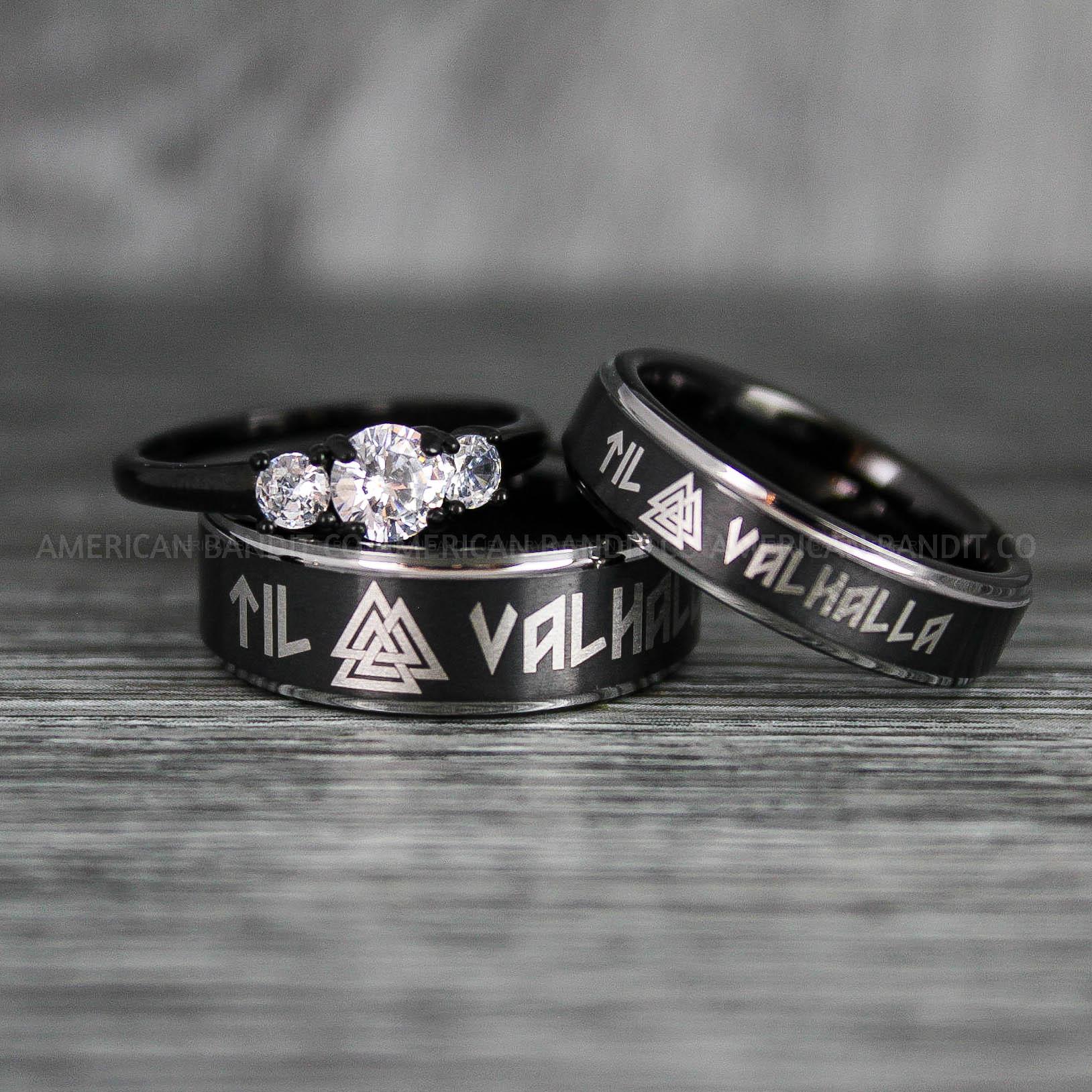 IMG_6374 Til Valhalla Rings, Viking Rings, Runes Rings, Vegvísir Ring, Nordic Rings, Norsemen Rings, Nordic Runes Rings, Black Tungsten Bands - Image 1
