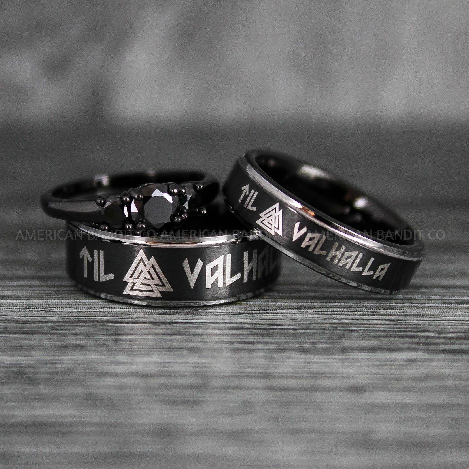 IMG_6375 Til Valhalla Rings, Viking Rings, Runes Rings, Vegvísir Ring, Nordic Rings, Norsemen Rings, Nordic Runes Rings, Black Tungsten Bands - Image 1