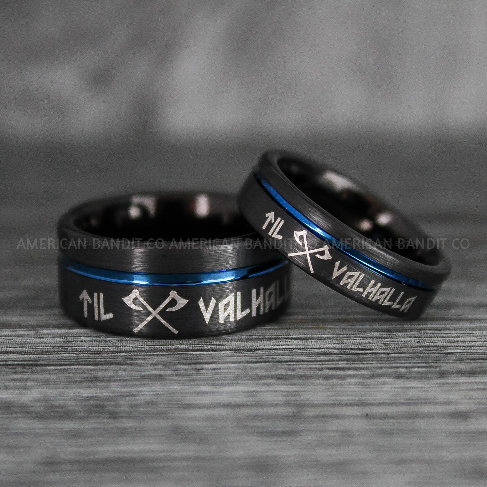 IMG_6390 Til Valhalla Rings, Viking Rings, Runes Rings, Vegvísir Ring, Nordic Rings, Norsemen Rings, Nordic Runes Rings, Black Tungsten Bands - Image 1