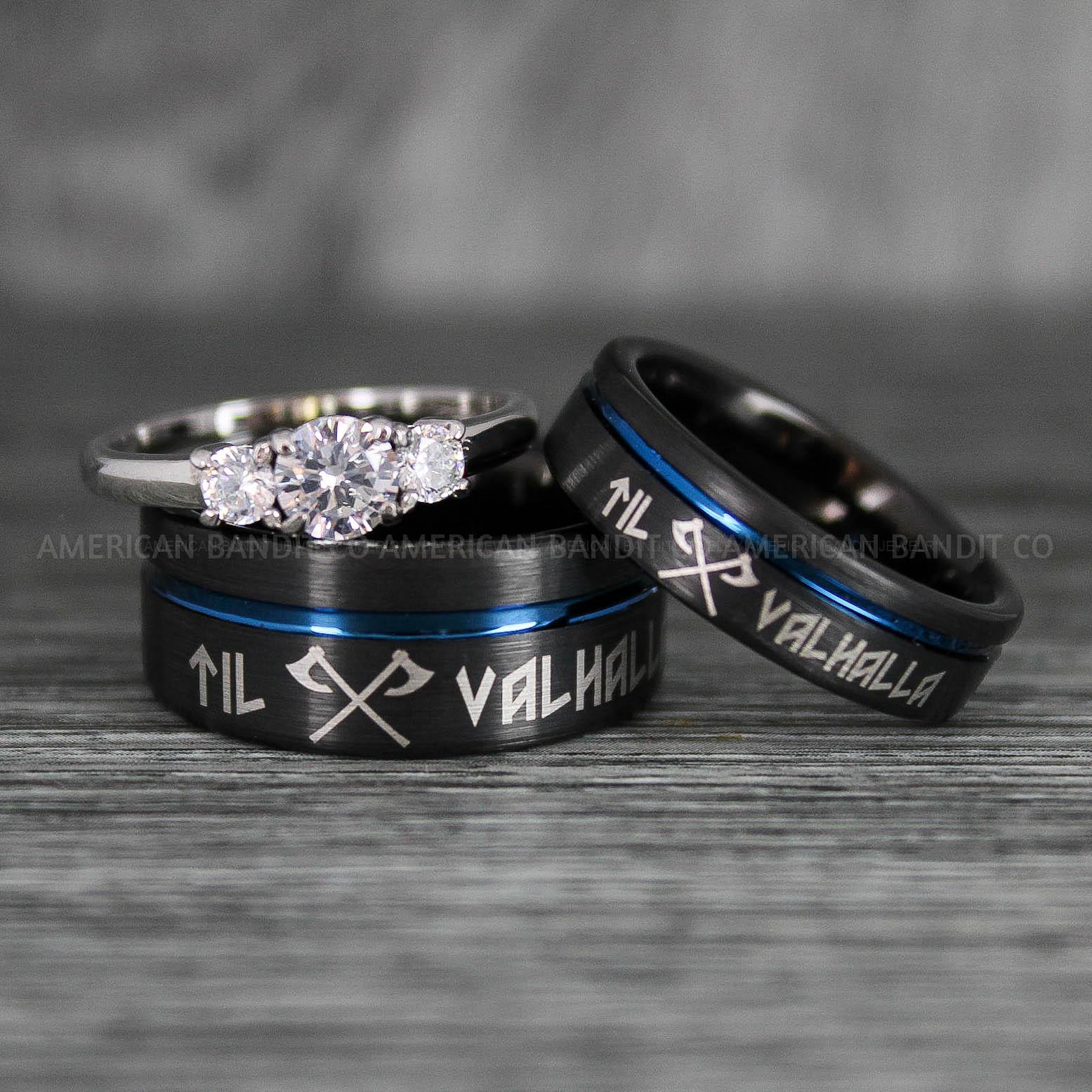 IMG_6391 Til Valhalla Rings, Viking Rings, Runes Rings, Vegvísir Ring, Nordic Rings, Norsemen Rings, Nordic Runes Rings, Black Tungsten Bands - Image 1
