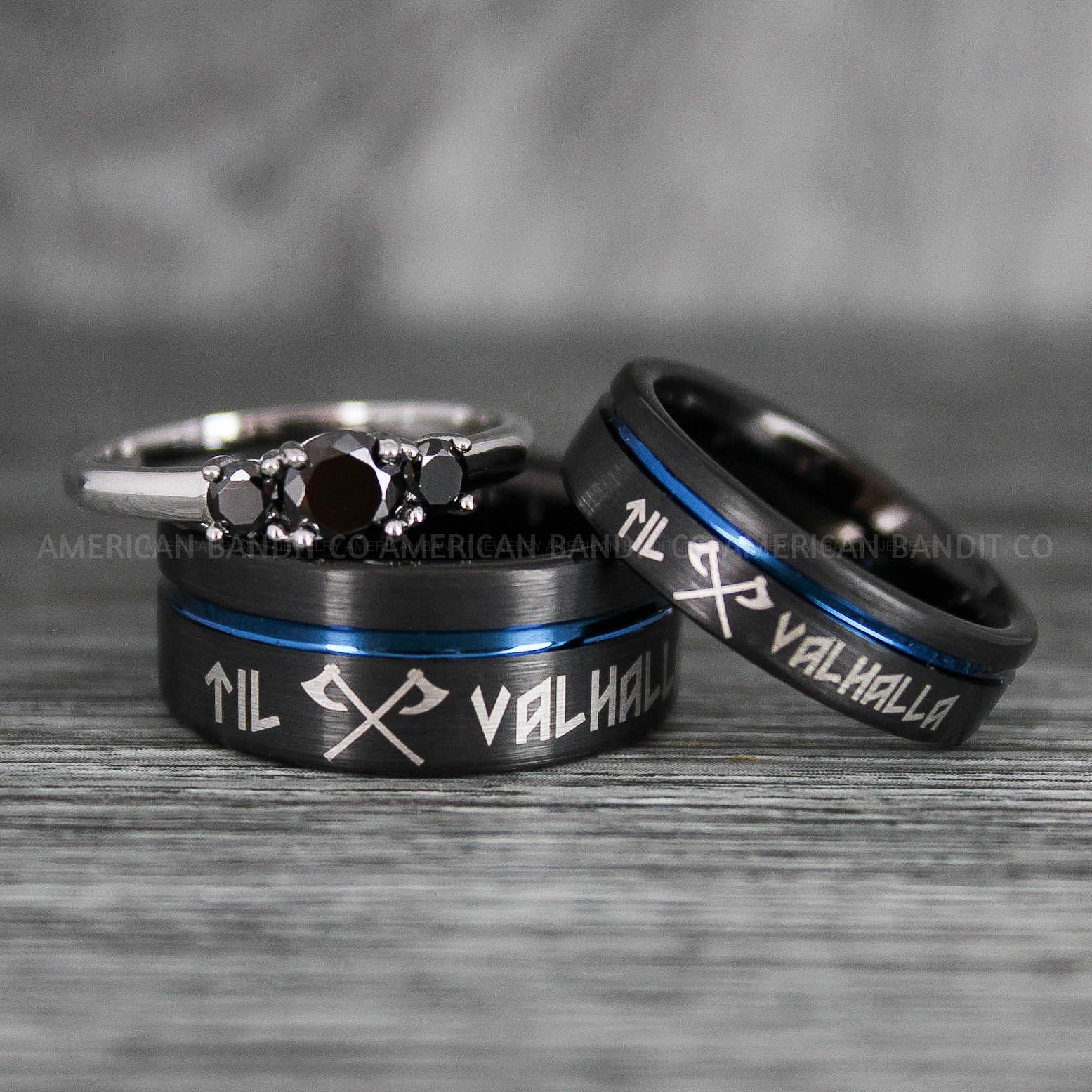 IMG_6392 Til Valhalla Rings, Viking Rings, Runes Rings, Vegvísir Ring, Nordic Rings, Norsemen Rings, Nordic Runes Rings, Black Tungsten Bands - Image 1