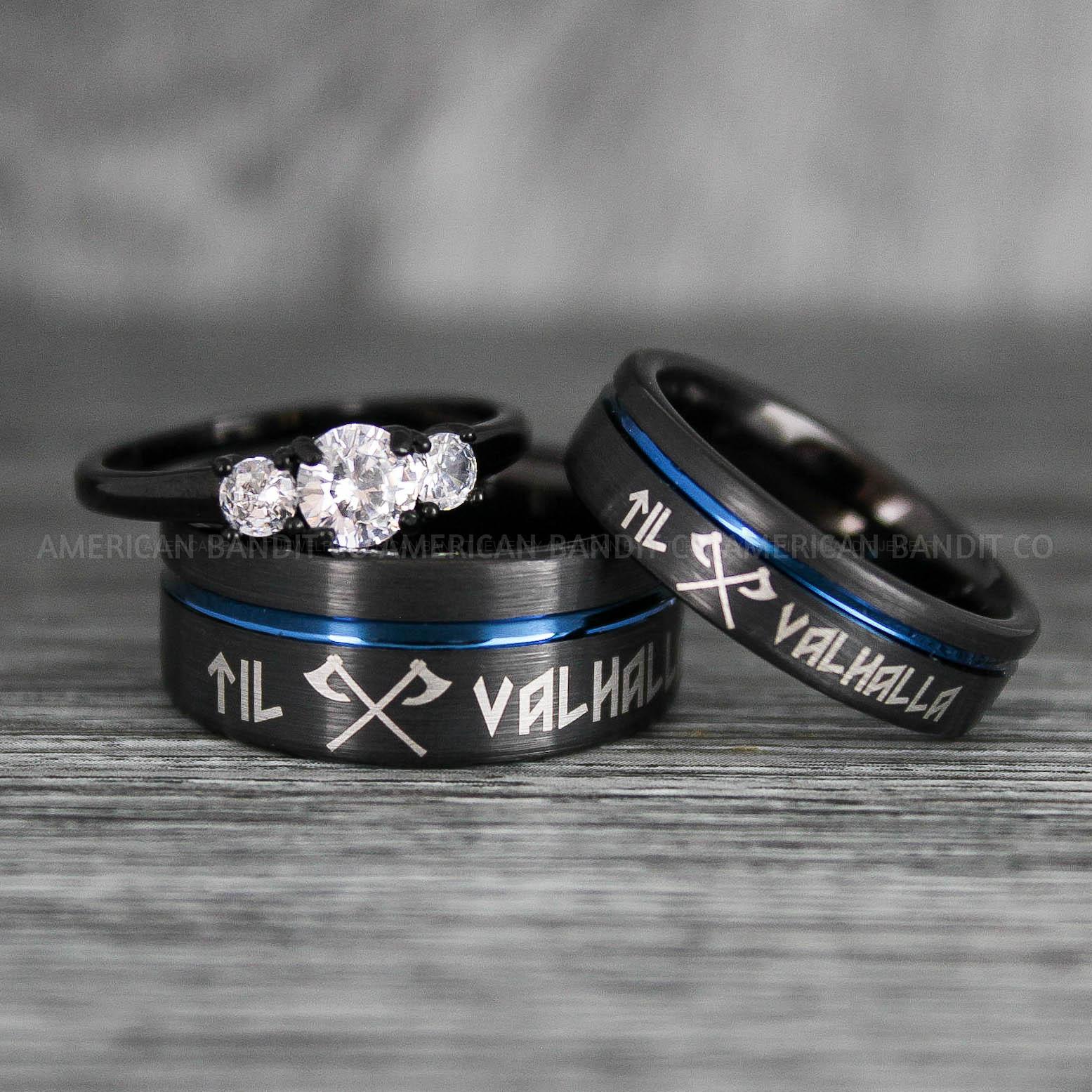 IMG_6393 Til Valhalla Rings, Viking Rings, Runes Rings, Vegvísir Ring, Nordic Rings, Norsemen Rings, Nordic Runes Rings, Black Tungsten Bands - Image 1