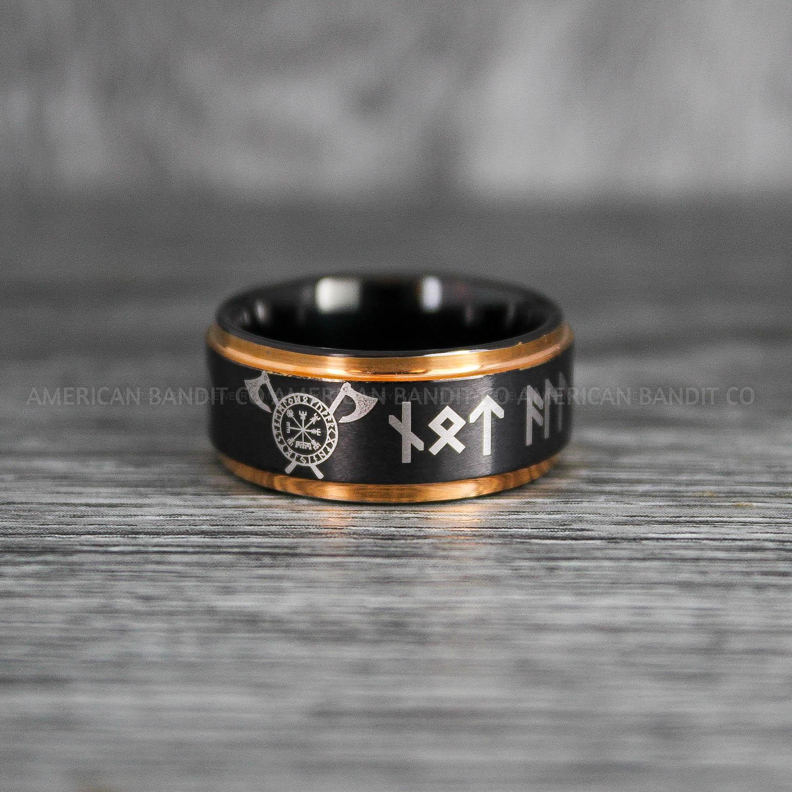 IMG_6396 Til Valhalla Rings, Viking Rings, Runes Rings, Vegvísir Ring, Nordic Rings, Norsemen Rings, Nordic Runes Rings, Black Tungsten Bands - Image 1