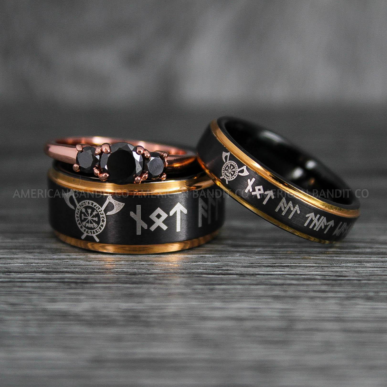 IMG_6400 Til Valhalla Rings, Viking Rings, Runes Rings, Vegvísir Ring, Nordic Rings, Norsemen Rings, Nordic Runes Rings, Black Tungsten Bands - Image 1