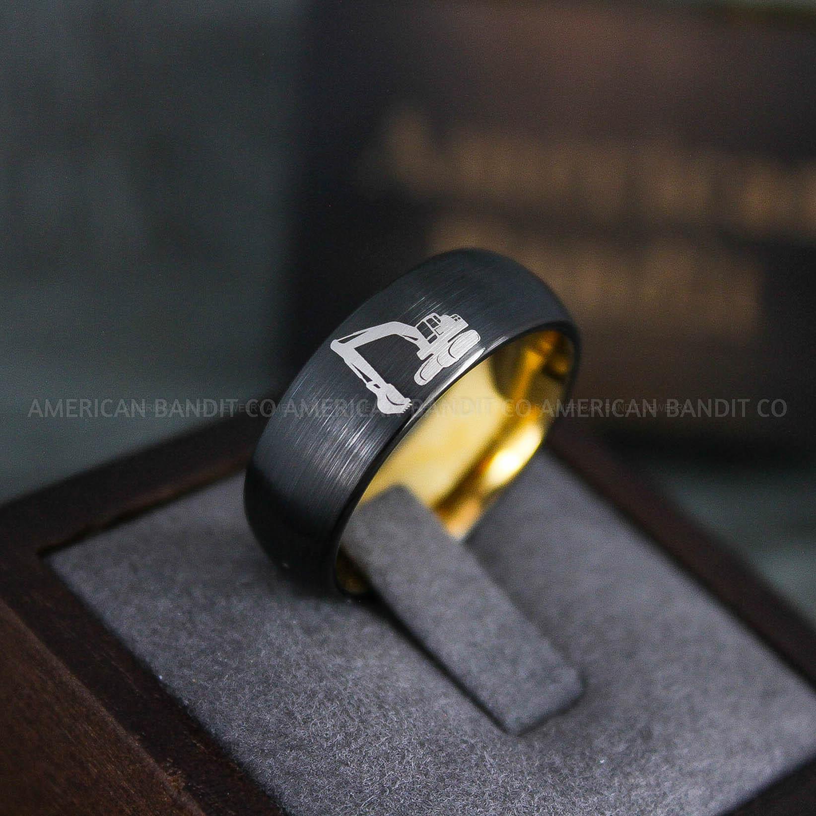 IMG_6501 Backhoe Ring, Excavator Ring, Tractor Ring, Construction Machinery Ring, Backhoe Jewelry, Excavation Machinery Ring, Bulldozer Ring, Black Tungsten Wedding Ring, Black Tungsten Ring - Image 1
