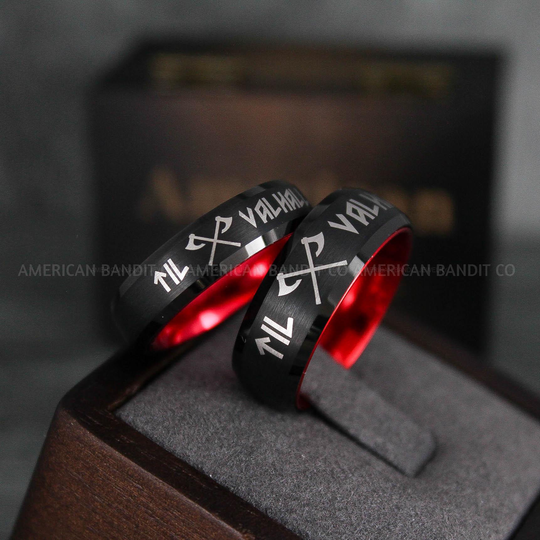IMG_6572 Til Valhalla Rings, Viking Rings, Runes Rings, Vegvísir Ring, Nordic Rings, Norsemen Rings, Nordic Runes Rings, Black Tungsten Bands - Image 1