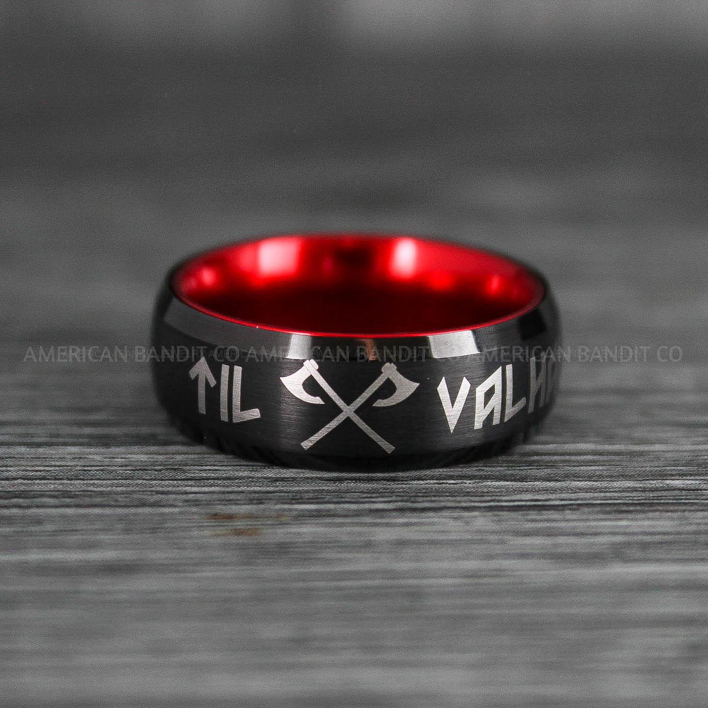 IMG_6575 Til Valhalla Rings, Viking Rings, Runes Rings, Vegvísir Ring, Nordic Rings, Norsemen Rings, Nordic Runes Rings, Black Tungsten Bands - Image 1