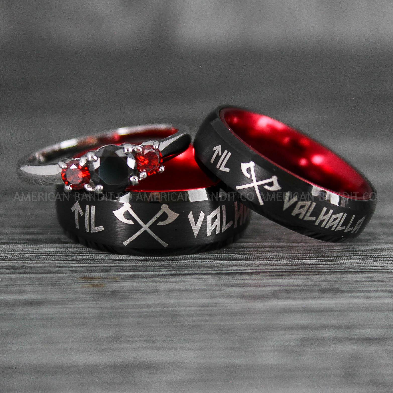 IMG_6578 Til Valhalla Rings, Viking Rings, Runes Rings, Vegvísir Ring, Nordic Rings, Norsemen Rings, Nordic Runes Rings, Black Tungsten Bands - Image 1