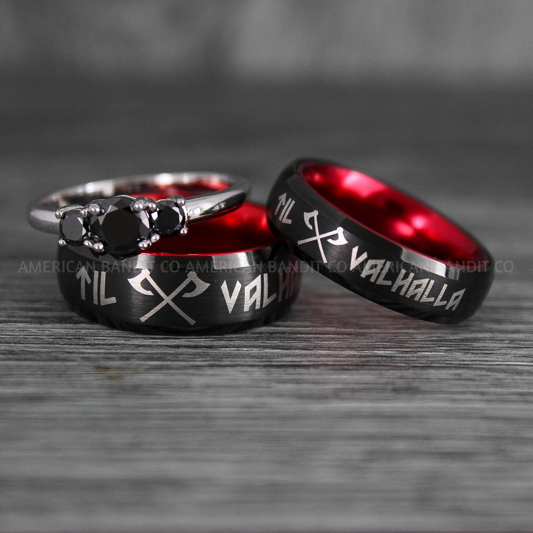 IMG_6585 Til Valhalla Rings, Viking Rings, Runes Rings, Vegvísir Ring, Nordic Rings, Norsemen Rings, Nordic Runes Rings, Black Tungsten Bands - Image 1