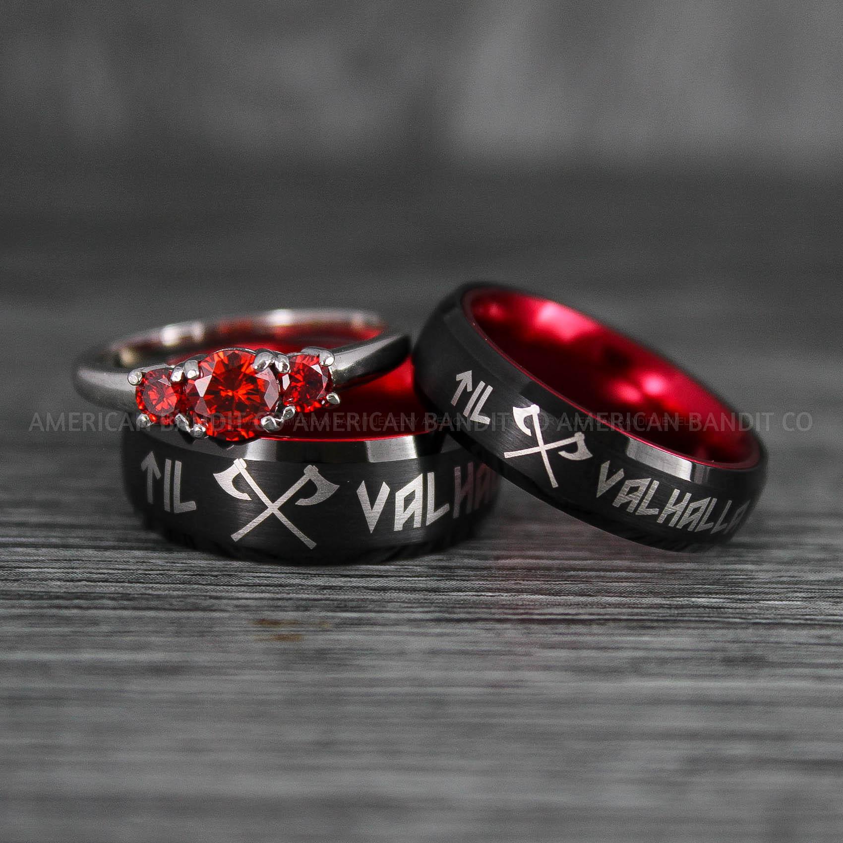 IMG_6586 Til Valhalla Rings, Viking Rings, Runes Rings, Vegvísir Ring, Nordic Rings, Norsemen Rings, Nordic Runes Rings, Black Tungsten Bands - Image 1