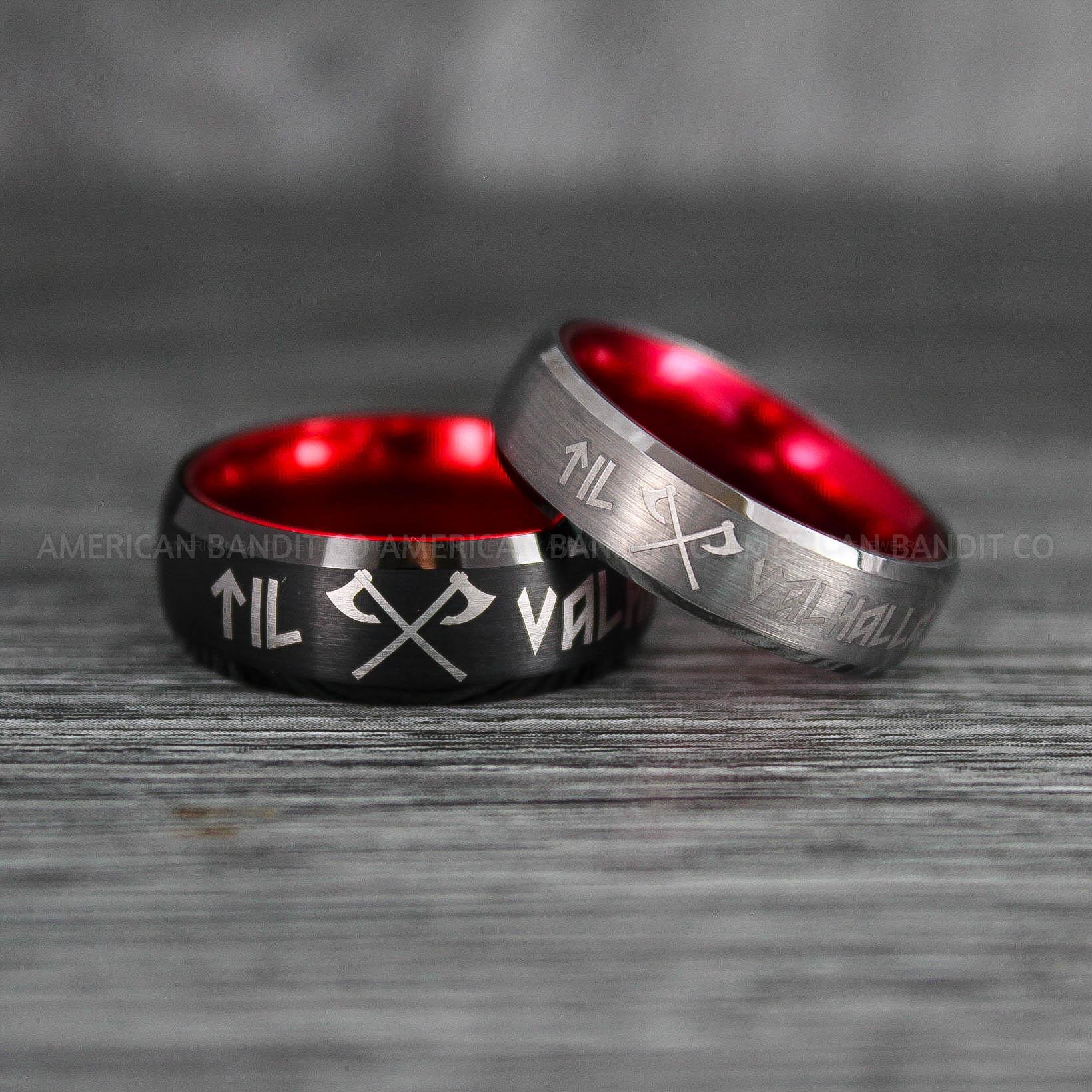 IMG_6587 Til Valhalla Rings, Viking Rings, Runes Rings, Vegvísir Ring, Nordic Rings, Norsemen Rings, Nordic Runes Rings, Black Tungsten Bands - Image 1