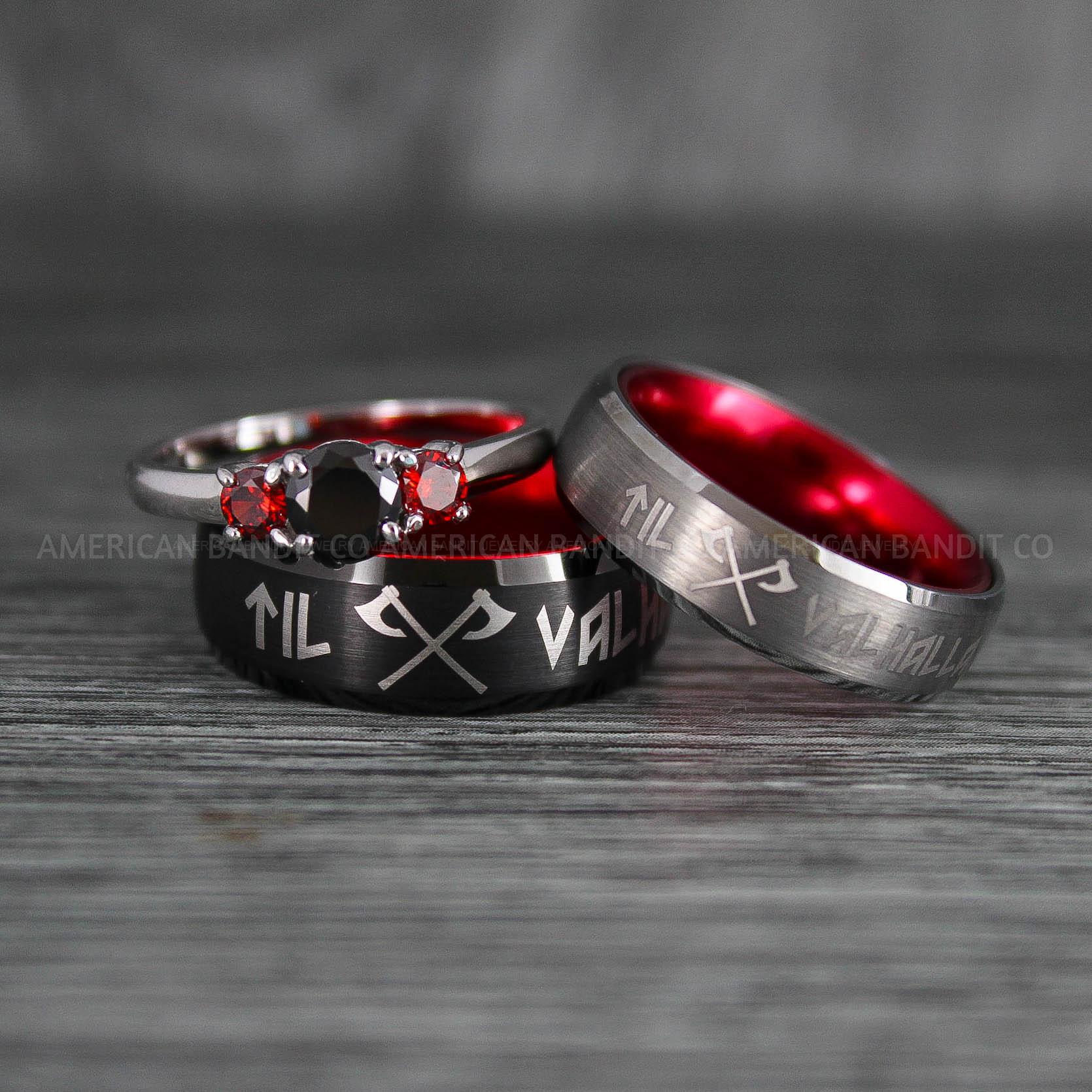 IMG_6592 Til Valhalla Rings, Viking Rings, Runes Rings, Vegvísir Ring, Nordic Rings, Norsemen Rings, Nordic Runes Rings, Black Tungsten Bands - Image 1