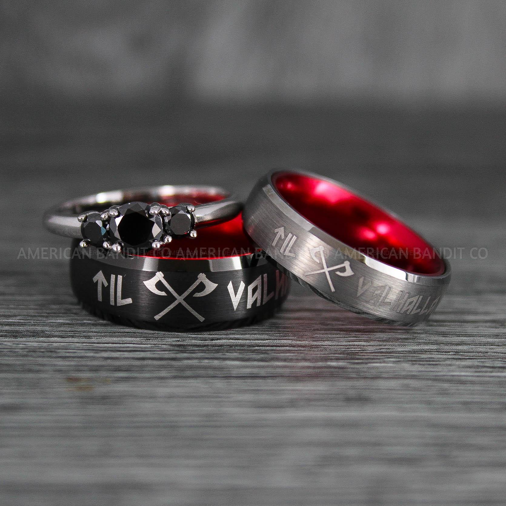 IMG_6593 Til Valhalla Rings, Viking Rings, Runes Rings, Vegvísir Ring, Nordic Rings, Norsemen Rings, Nordic Runes Rings, Black Tungsten Bands - Image 1