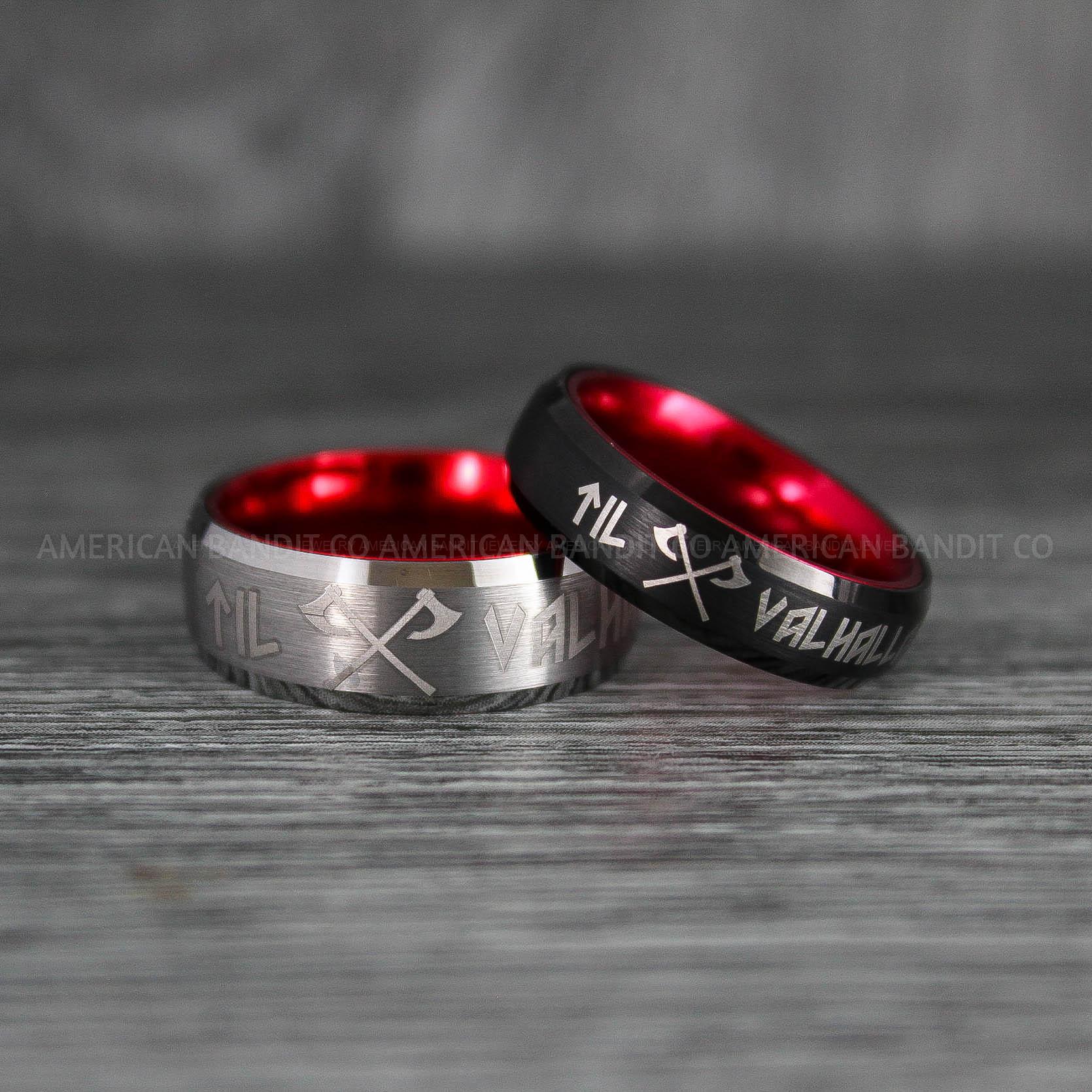 IMG_6600 Til Valhalla Rings, Viking Rings, Runes Rings, Vegvísir Ring, Nordic Rings, Norsemen Rings, Nordic Runes Rings, Black Tungsten Bands - Image 1