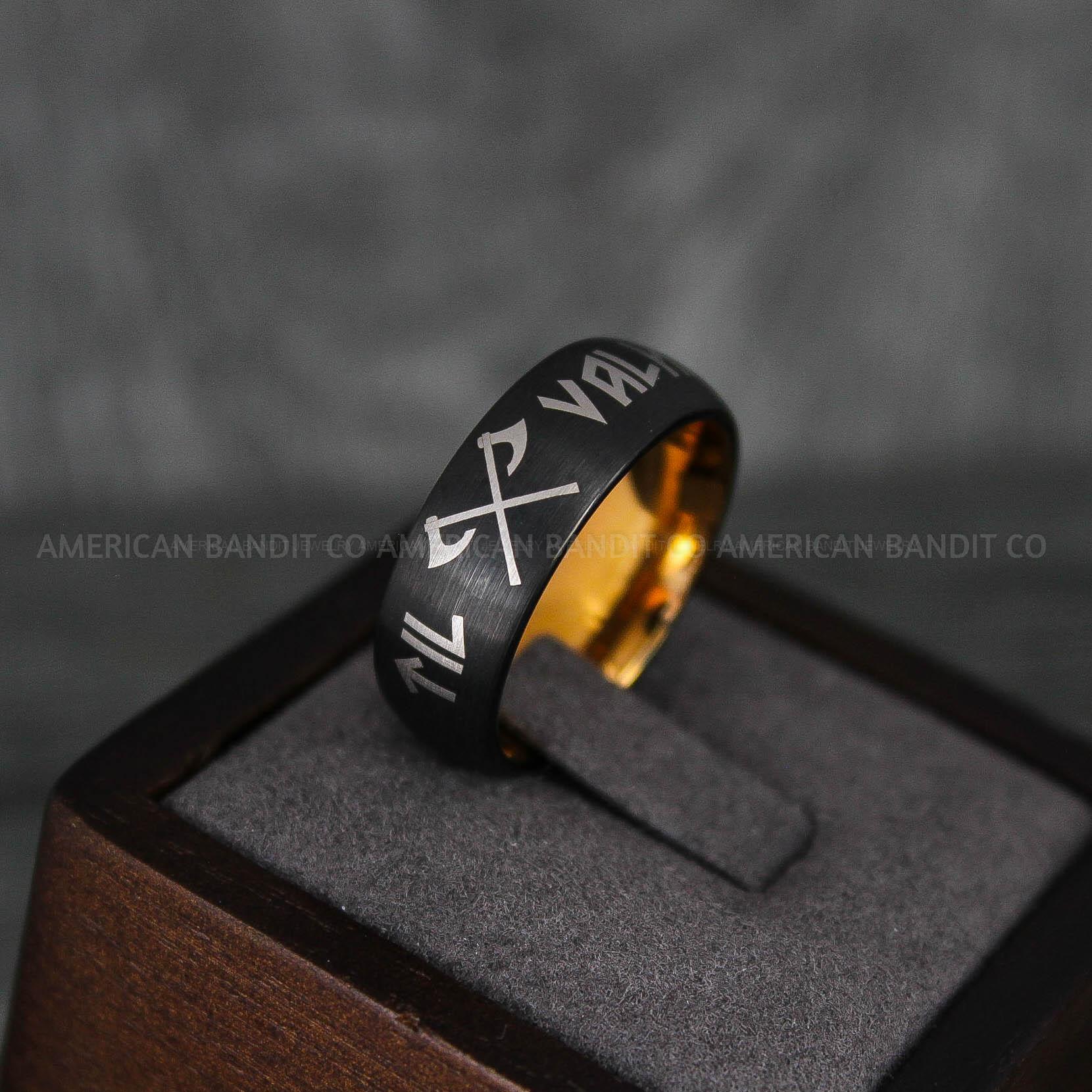 IMG_6633 Til Valhalla Ring, Viking Ring, Runes Ring, Vegvísir Ring, Nordic Ring, Norsemen Ring, Nordic Runes Ring, Black Tungsten Band - Image 1