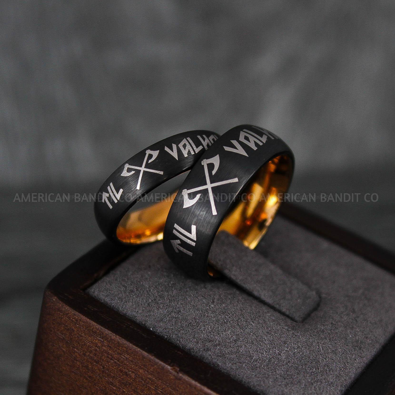 IMG_6634 Til Valhalla Rings, Viking Rings, Runes Rings, Vegvísir Ring, Nordic Rings, Norsemen Rings, Nordic Runes Rings, Black Tungsten Bands - Image 1