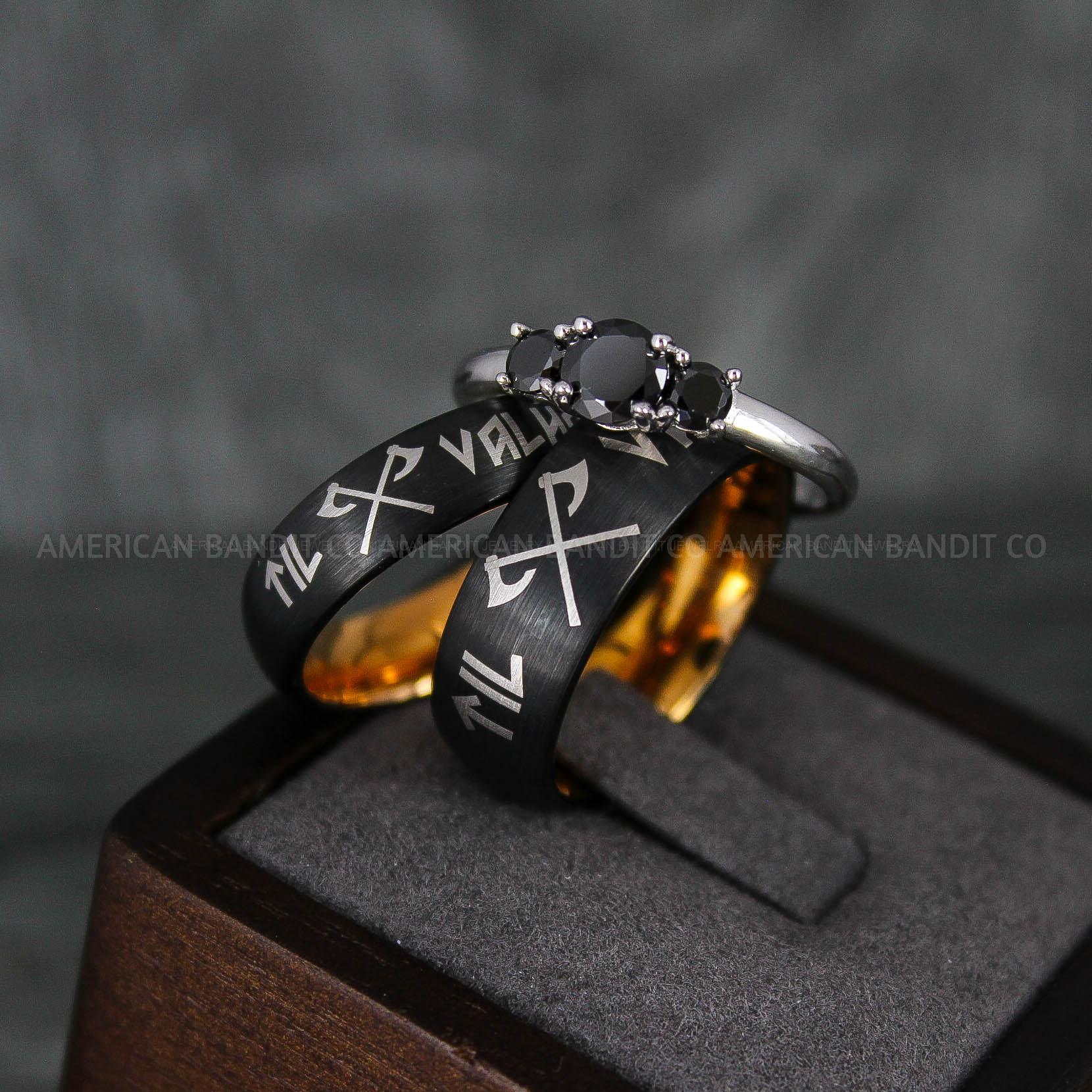 IMG_6635 Til Valhalla Rings, Viking Rings, Runes Rings, Vegvísir Ring, Nordic Rings, Norsemen Rings, Nordic Runes Rings, Black Tungsten Bands - Image 1