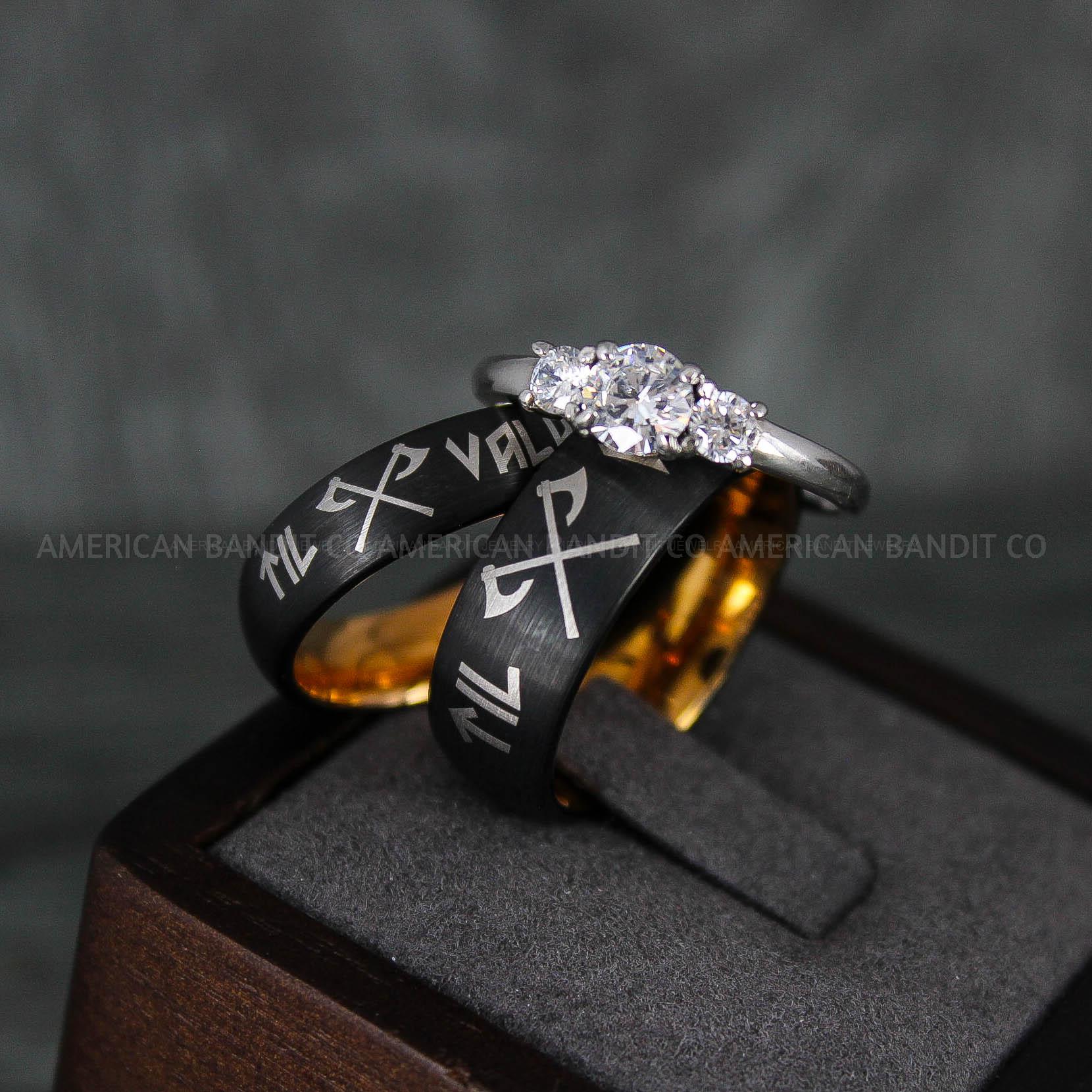 IMG_6637 Til Valhalla Rings, Viking Rings, Runes Rings, Vegvísir Ring, Nordic Rings, Norsemen Rings, Nordic Runes Rings, Black Tungsten Bands - Image 1