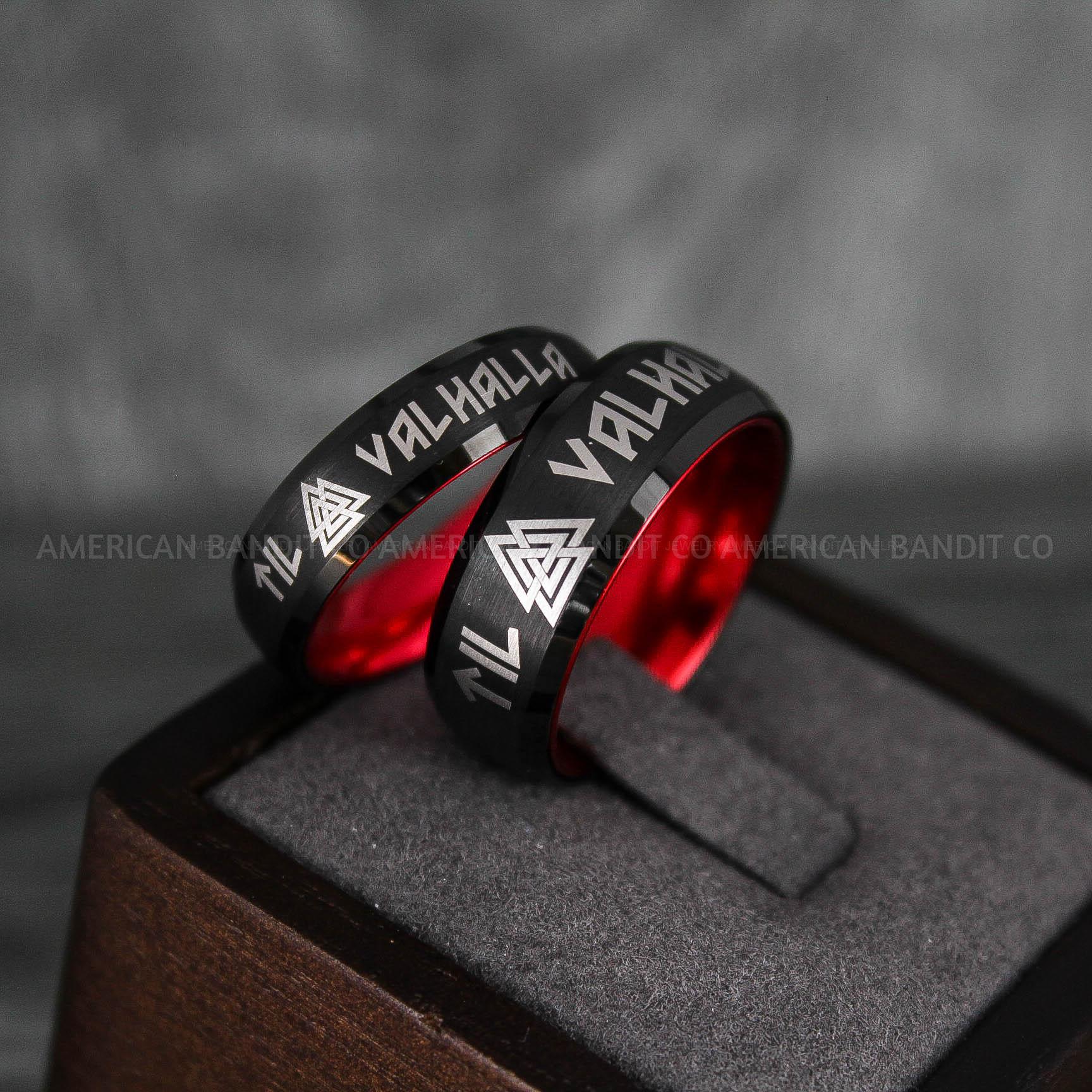 IMG_6645 Til Valhalla Rings, Viking Rings, Runes Rings, Vegvísir Ring, Nordic Rings, Norsemen Rings, Nordic Runes Rings, Black Tungsten Bands - Image 1