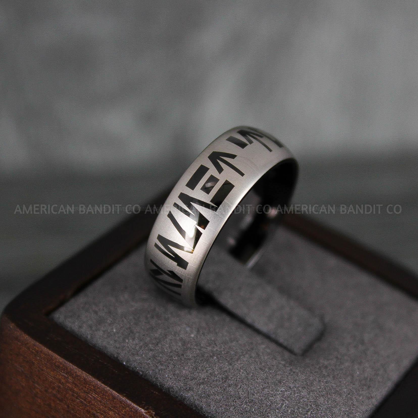 IMG_6649 Aurebesh Ring, Aurebesh Wedding Band, Black Wedding Band, Aurebesh Wedding Ring, Aurebesh Jewelry - Image 1