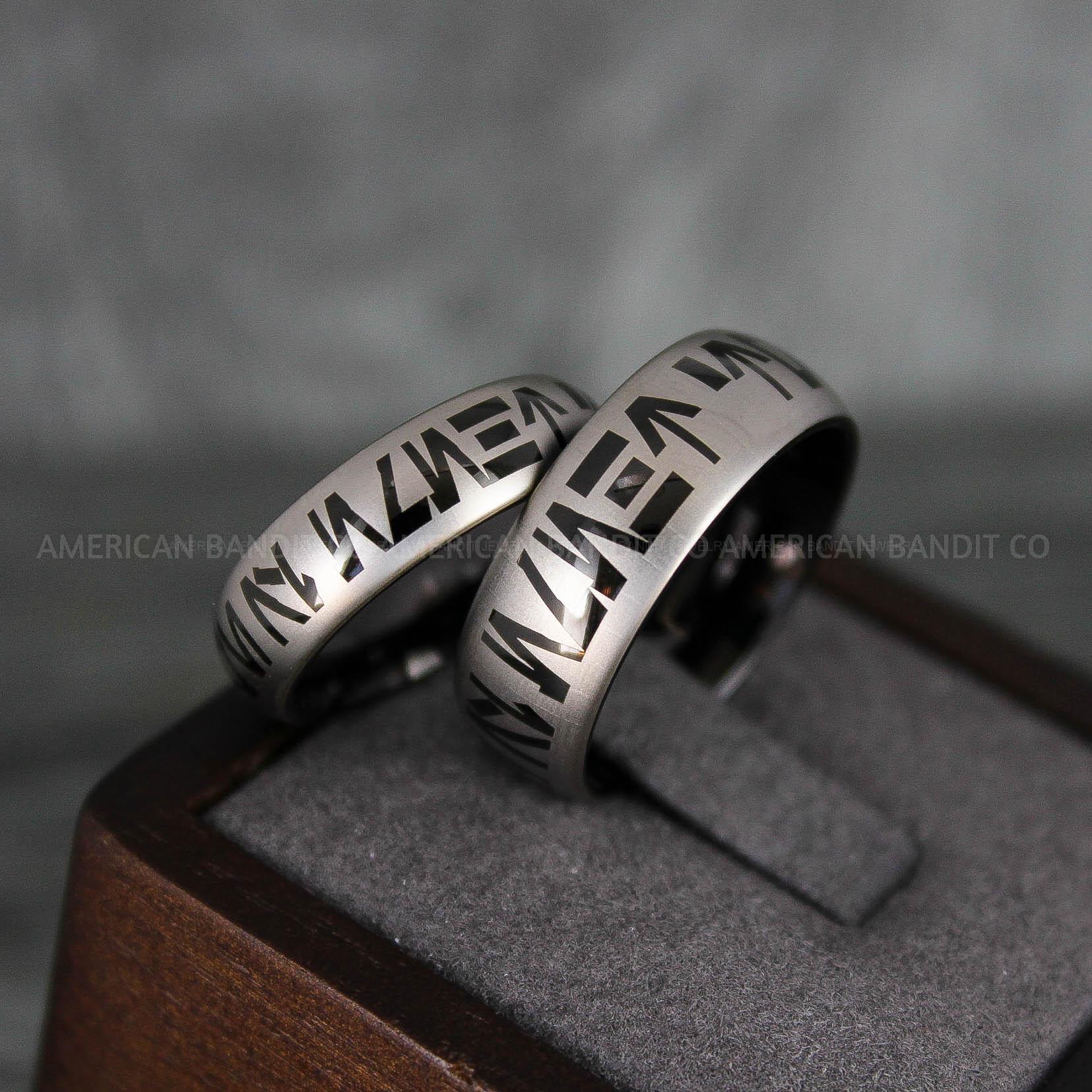 IMG_6650 Aurebesh Rings, Aurebesh Wedding Bands, Black Wedding Bands, Aurebesh Wedding Rings, Aurebesh Jewelry - Image 1