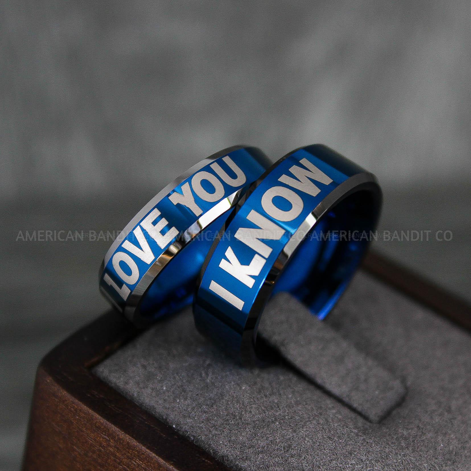 IMG_6657 I Love You I Know Rings, Aurebesh Rings, Blue Wedding Bands, Aurebesh Wedding Bands, Aurebesh Wedding Rings, Aurebesh Jewelry - Image 1