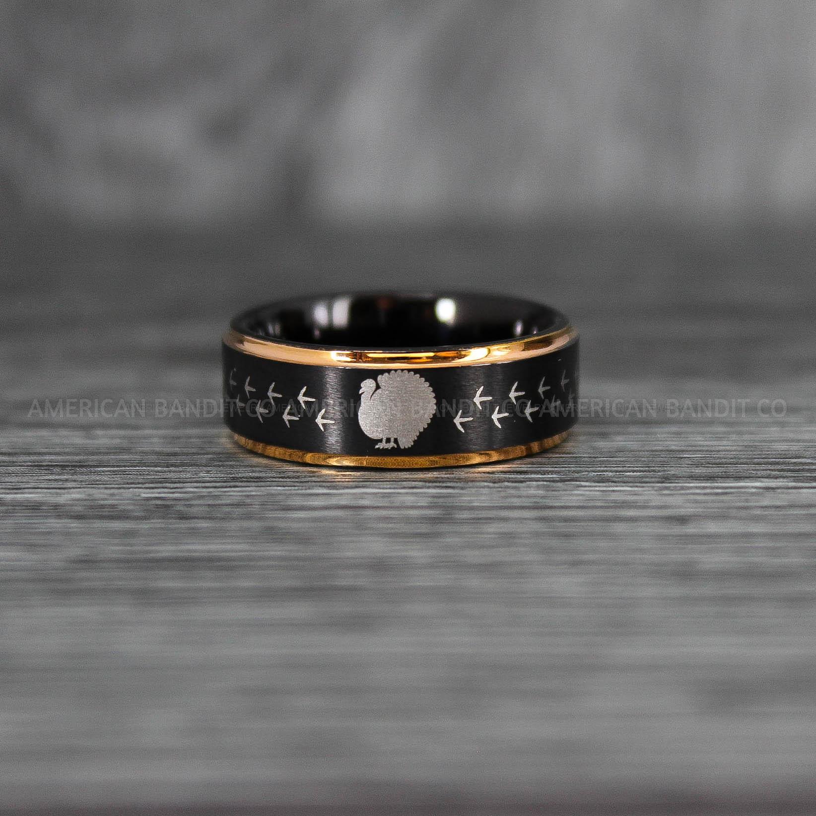 IMG_6766 Wild Turkey Ring, Turkey Hunting Ring, Black Tungsten Ring, Black Wedding Band, Hunting Ring, Turkey Tracks Wedding Band, Turkey Tracks Ring - Image 1