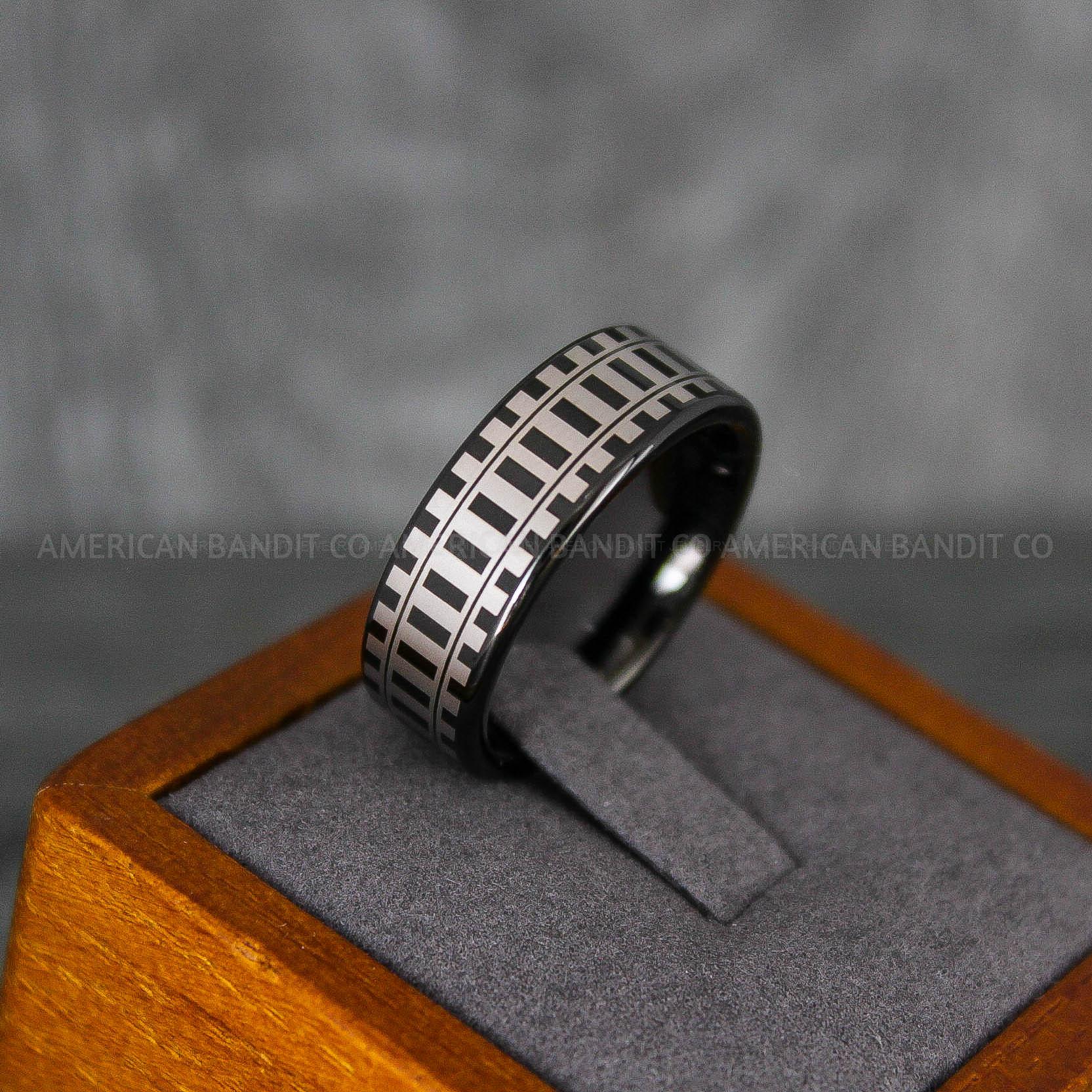 IMG_6821 Railroad Ring, Railroad Wedding Band, Train Tracks Ring, Train Tracks Wedding Ring, Black Tungsten Wedding Ring - Image 1