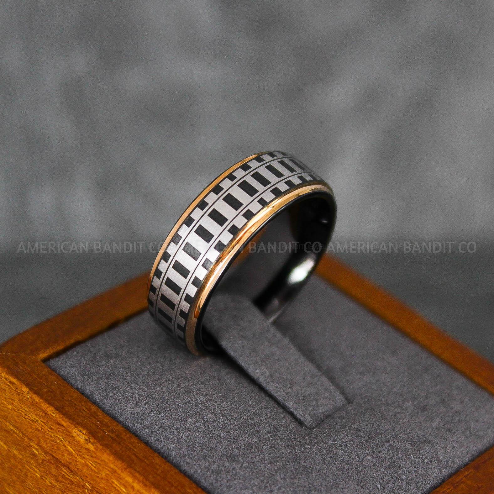 IMG_6824 Railroad Ring, Railroad Wedding Band, Train Tracks Ring, Train Tracks Wedding Ring, Black Tungsten Wedding Ring - Image 1