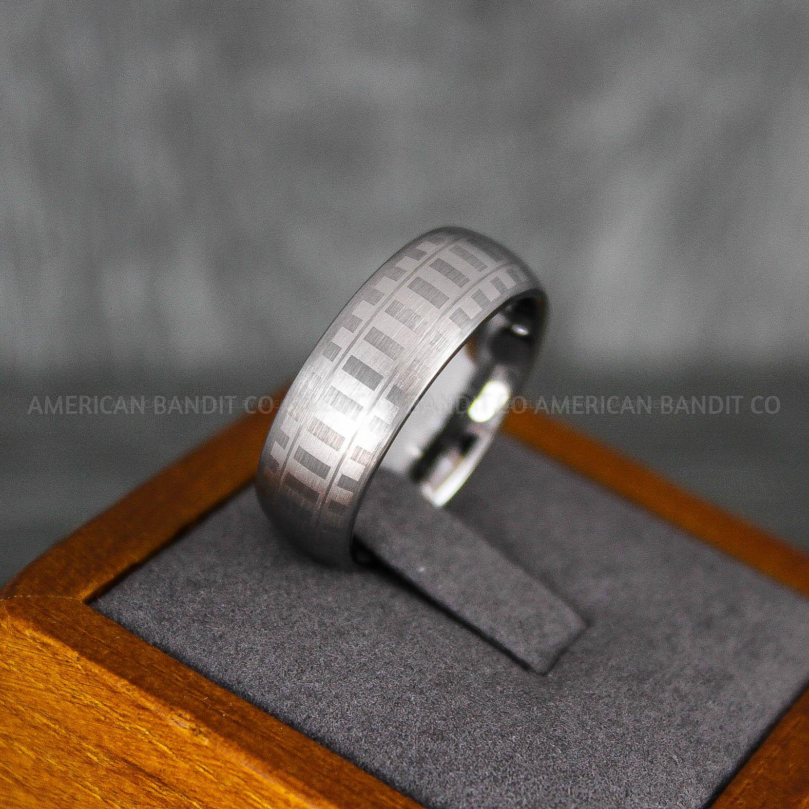 IMG_6830 Railroad Ring, Railroad Wedding Band, Train Tracks Ring, Train Tracks Wedding Ring, Silver Tungsten Wedding Ring - Image 1