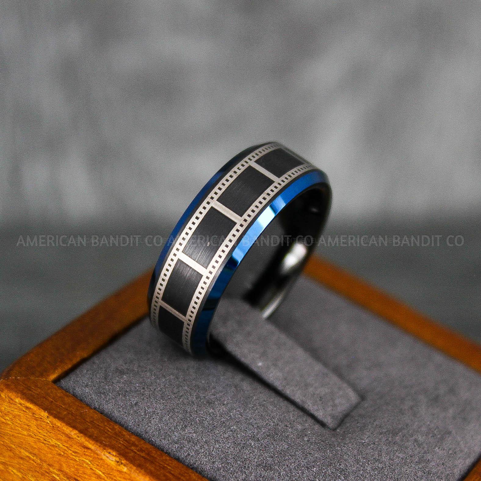 IMG_6833 Filmstrip Ring, Photography Ring, Camera Ring, Lens Ring, Camera Lens Ring, Black Ring, Black Tungsten Wedding Band, Black Wedding Band - Image 1
