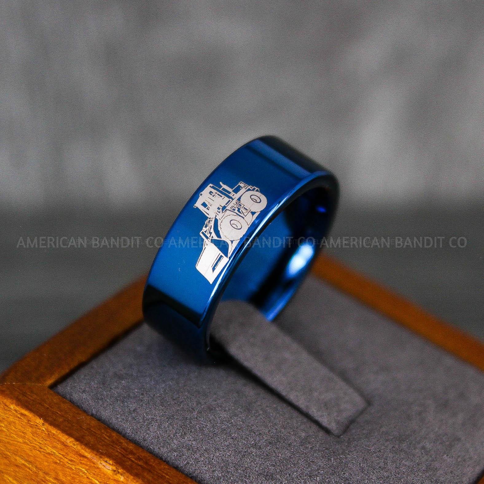 IMG_6838 Backhoe Ring, Excavator Ring, Tractor Ring, Construction Machinery Ring, Backhoe Jewelry, Excavation Machinery Ring, Bulldozer Ring, Blue Tungsten Wedding Ring, Blue Tungsten Ring - Image 1