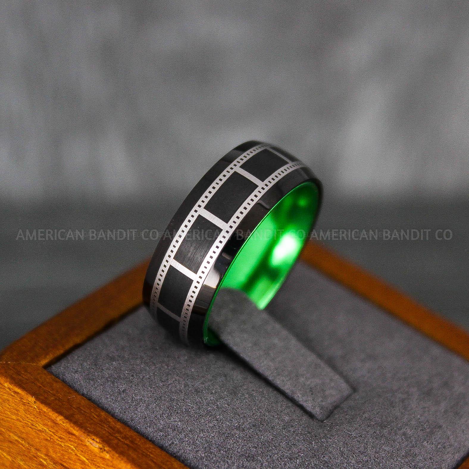 IMG_6839 Filmstrip Ring, Photography Ring, Camera Ring, Lens Ring, Camera Lens Ring, Black Ring, Black Tungsten Wedding Band, Black Wedding Band - Image 1