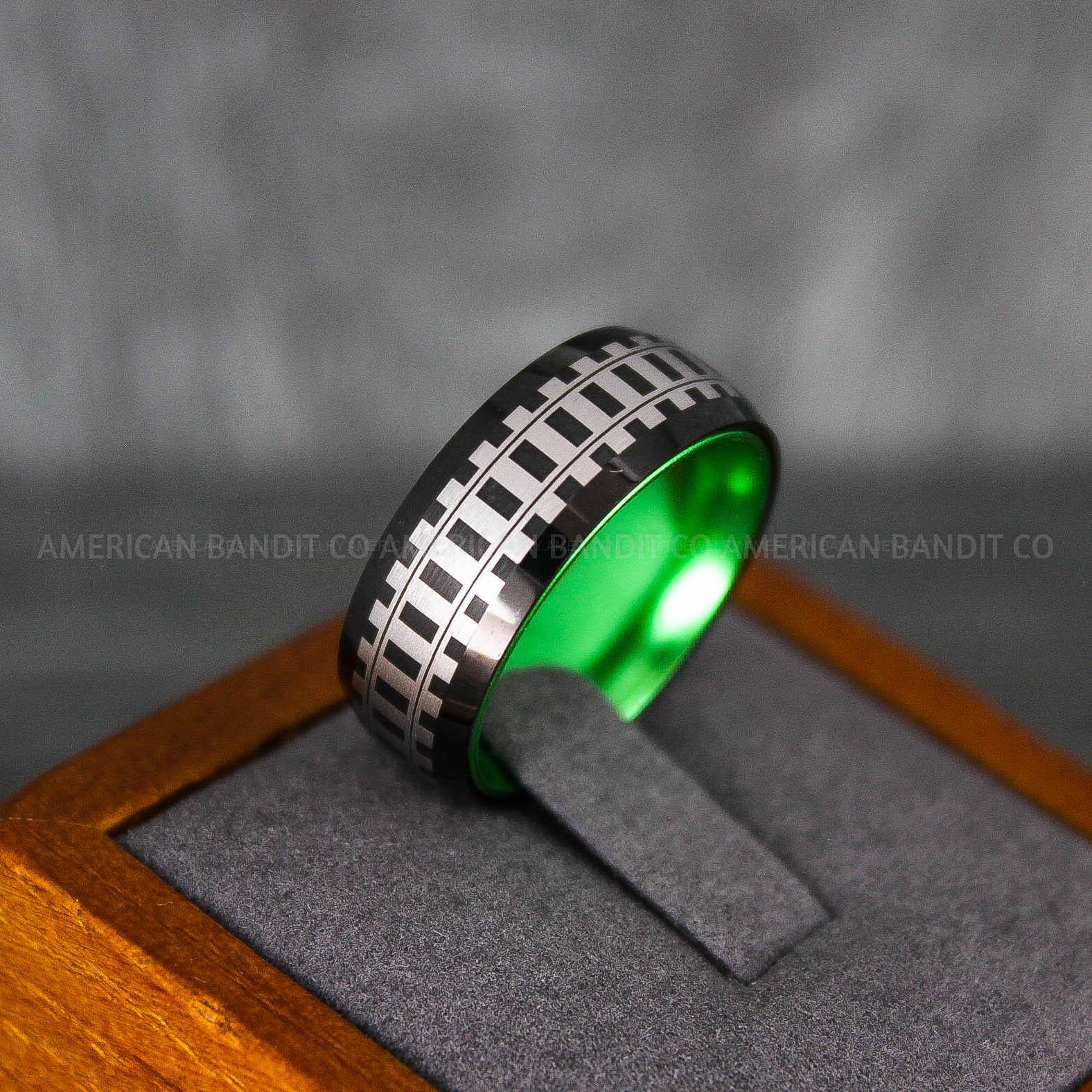 IMG_6841 Railroad Ring, Railroad Wedding Band, Train Tracks Ring, Train Tracks Wedding Ring, Black Tungsten Wedding Ring - Image 1