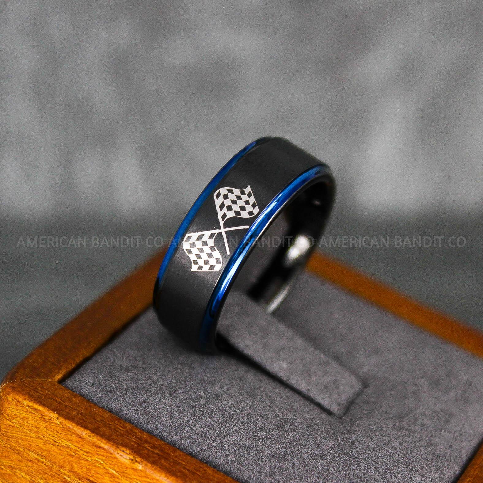IMG_6847 Checkered Flag Ring, Racing Ring, Car Racing Ring, Checkered Flag Pattern Wedding Band - Image 1