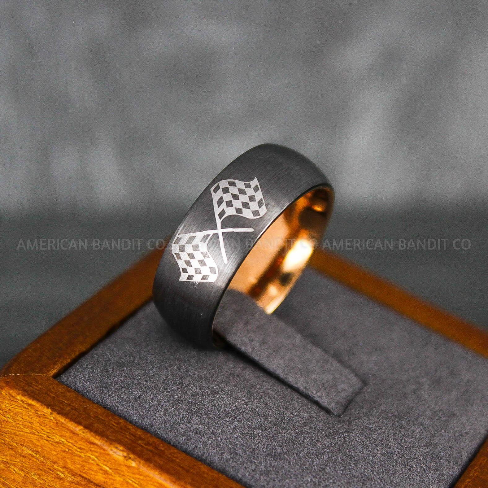IMG_6851 Checkered Flag Ring, Racing Ring, Car Racing Ring, Checkered Flag Pattern Wedding Band - Image 1