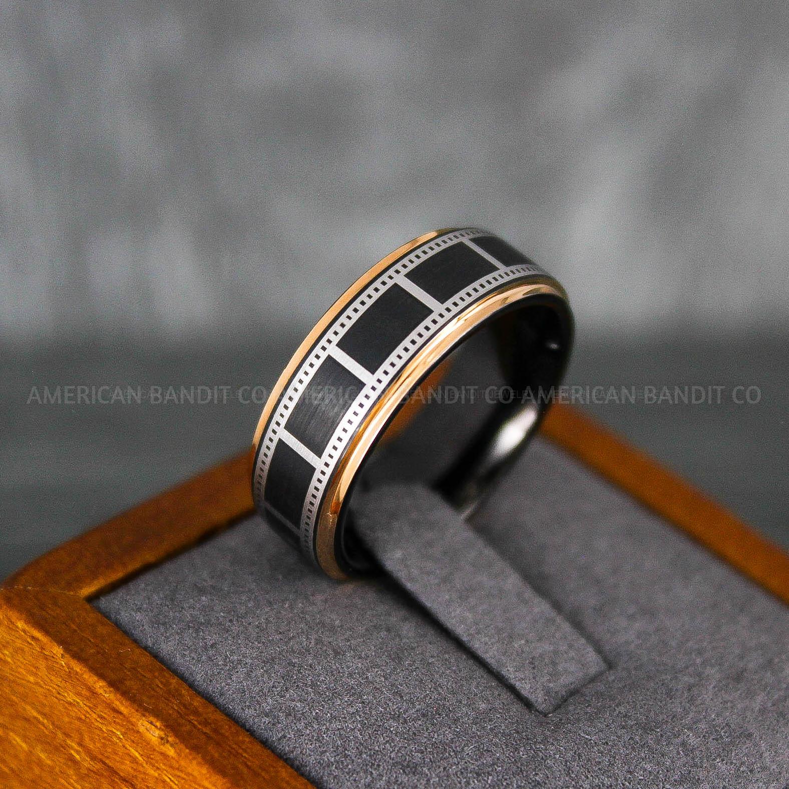 IMG_6854 Filmstrip Ring, Photography Ring, Camera Ring, Lens Ring, Camera Lens Ring, Black Ring, Black Tungsten Wedding Band, Black Wedding Band - Image 1