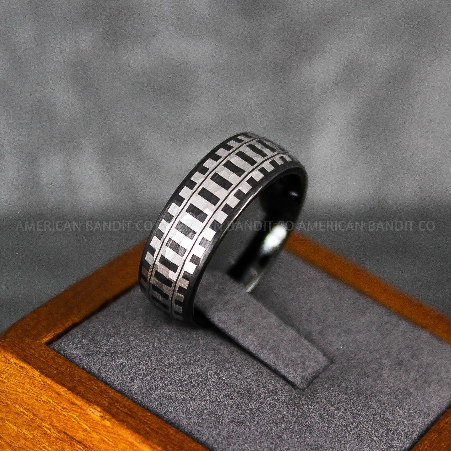 IMG_6864 Railroad Ring, Railroad Wedding Band, Train Tracks Ring, Train Tracks Wedding Ring, Black Tungsten Wedding Ring - Image 1