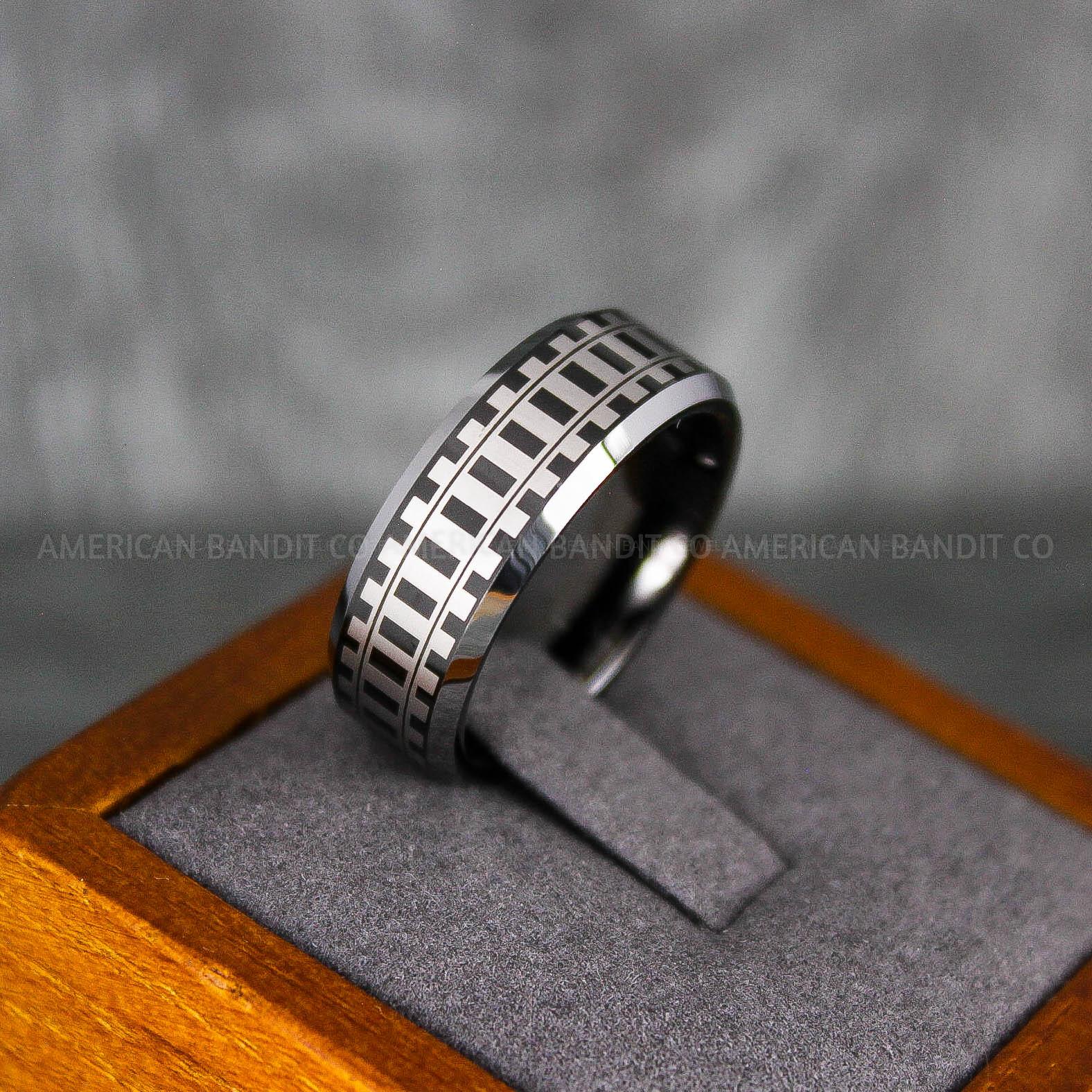 IMG_6870 Railroad Ring, Railroad Wedding Band, Train Tracks Ring, Train Tracks Wedding Ring, Black Tungsten Wedding Ring - Image 1