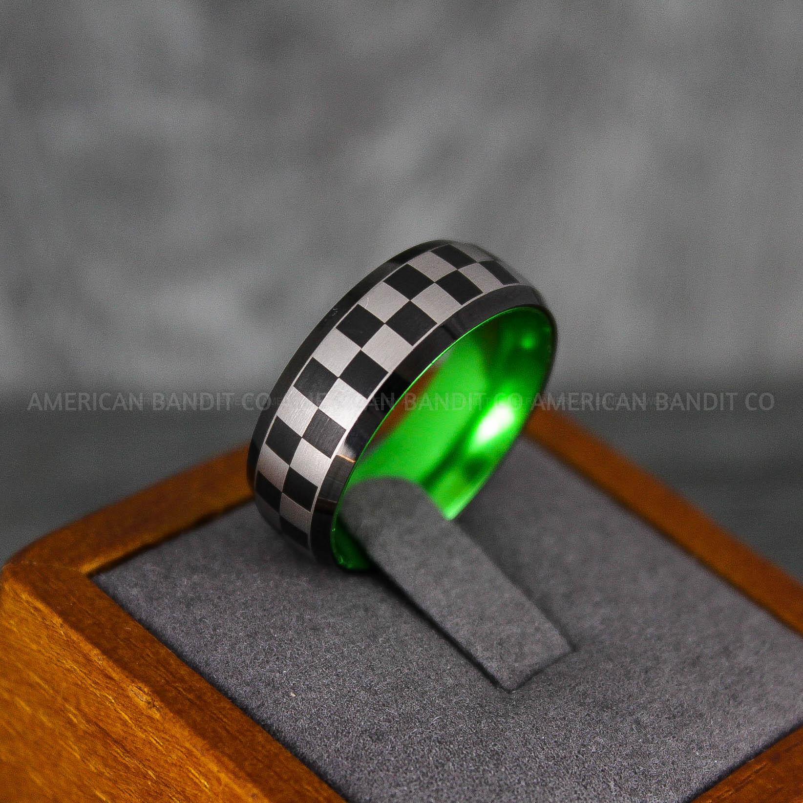 IMG_6888 Checkered Flag Ring, Motor Sports Jewelry, Auto Racing Ring, Car Racing Ring, Checkered Flag Pattern Wedding Band - Image 1