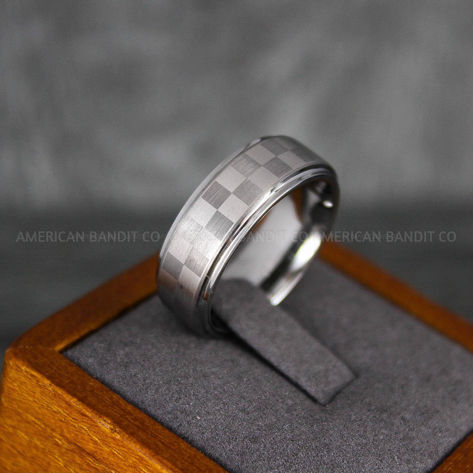 IMG_6891 Checkered Flag Ring, Motor Sports Jewelry, Auto Racing Ring, Car Racing Ring, Checkered Flag Pattern Wedding Band - Image 1