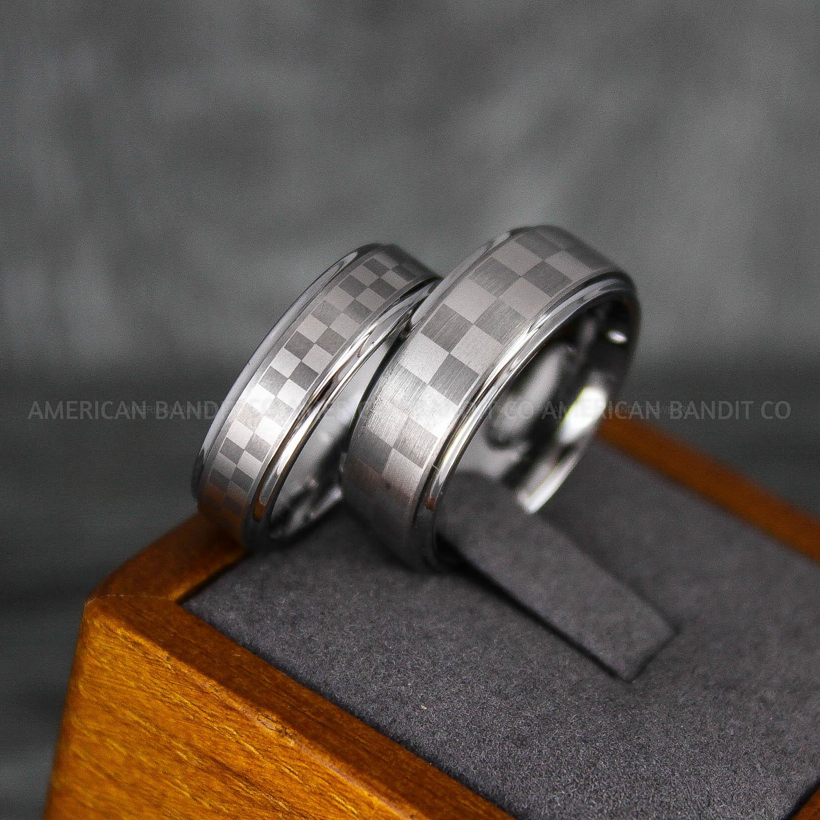 IMG_6892 Checkered Flag Rings, Motor Sports Jewelry, Auto Racing Rings, Car Racing Rings, Checkered Flag Pattern Wedding Bands - Image 1