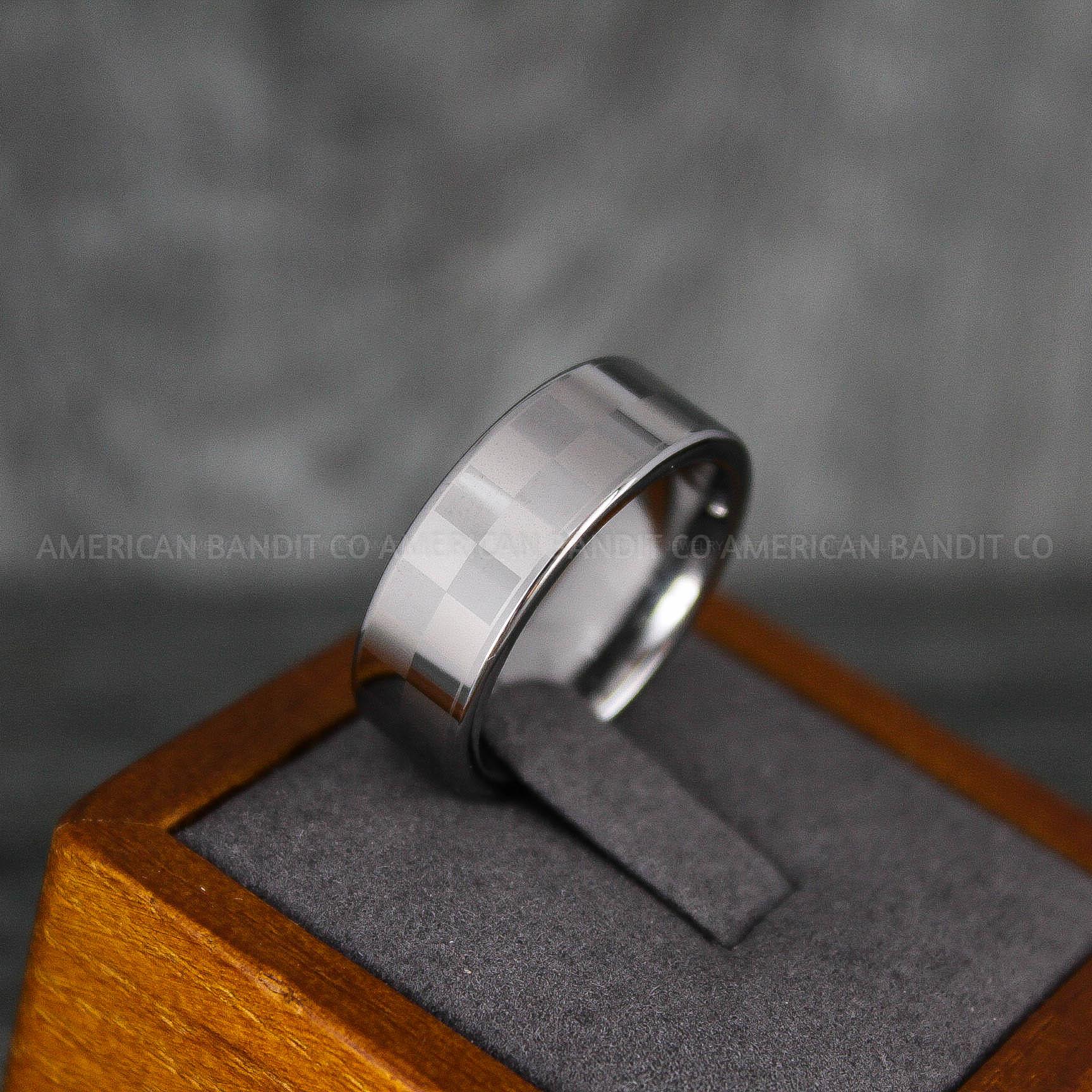IMG_6905 Checkered Flag Ring, Motor Sports Jewelry, Auto Racing Ring, Car Racing Ring, Checkered Flag Pattern Wedding Band - Image 1